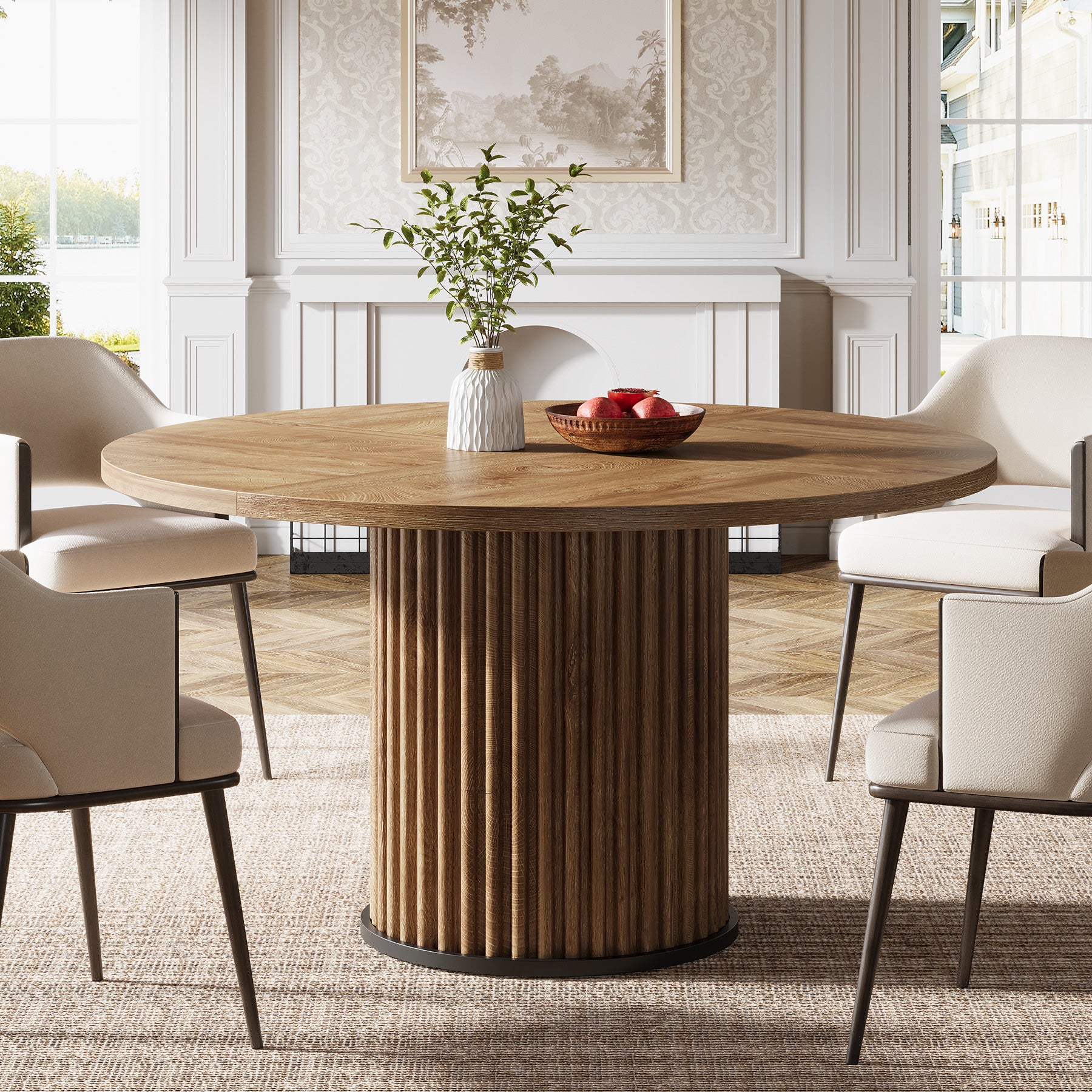 120 cm Zwarte Ronde Eettafel voor 4-6 Personen, Moderne Keukentafel met Metalen Basis