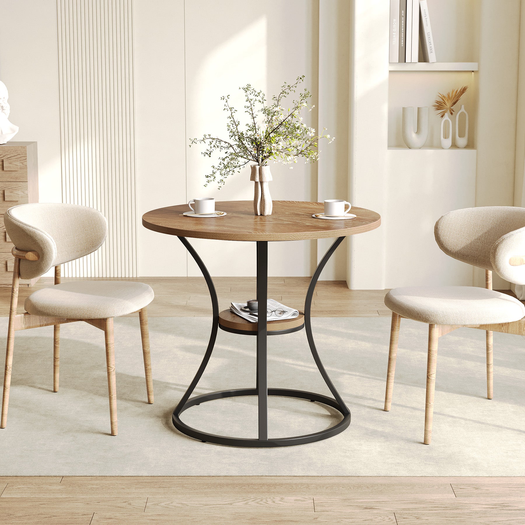 80 cm Ronde Eettafel met Metalen Voet en Opbergruimte, Kleine Keukentafel voor 2–4 Personen