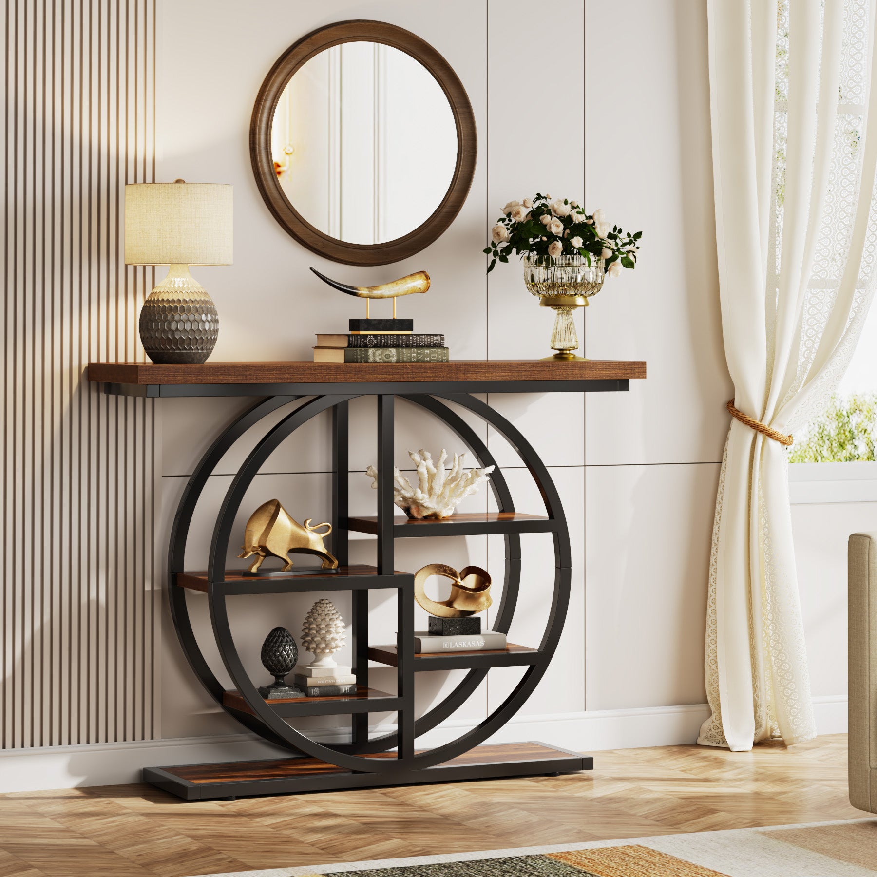 105 cm Industriële Console, 6 Etages met Rond Onderstel en Opbergplanken