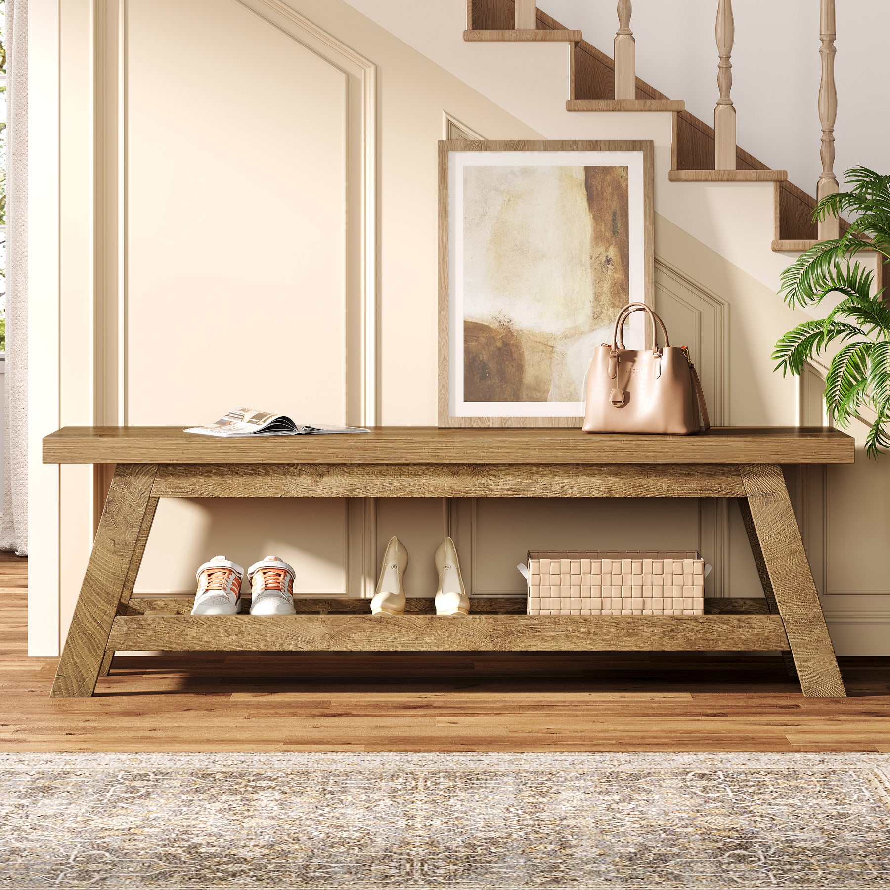 140 cm Houten Halbank met Opbergruimte, Smalle Schoenenbank met 2 Planken