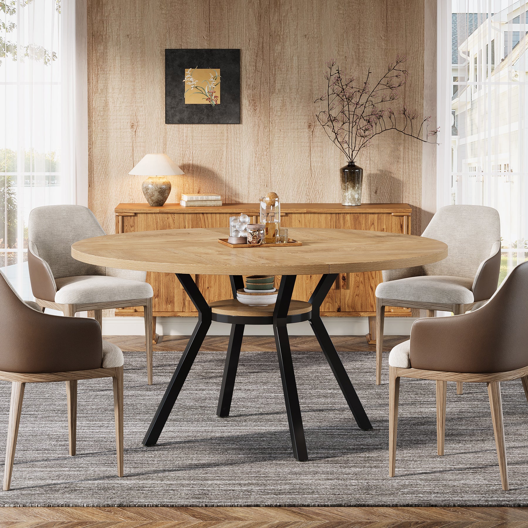 120 cm Eettafel voor 4-6 Personen, Ronde Tafel met Opbergruimte