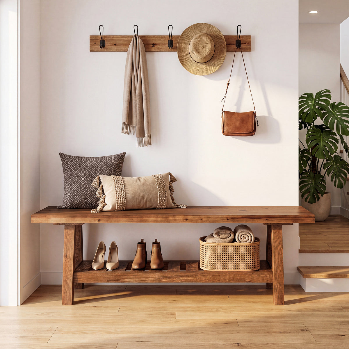 140 cm schoenenbank van massief hout met open opbergrek, landelijke entreebank voor hal en slaapkamer