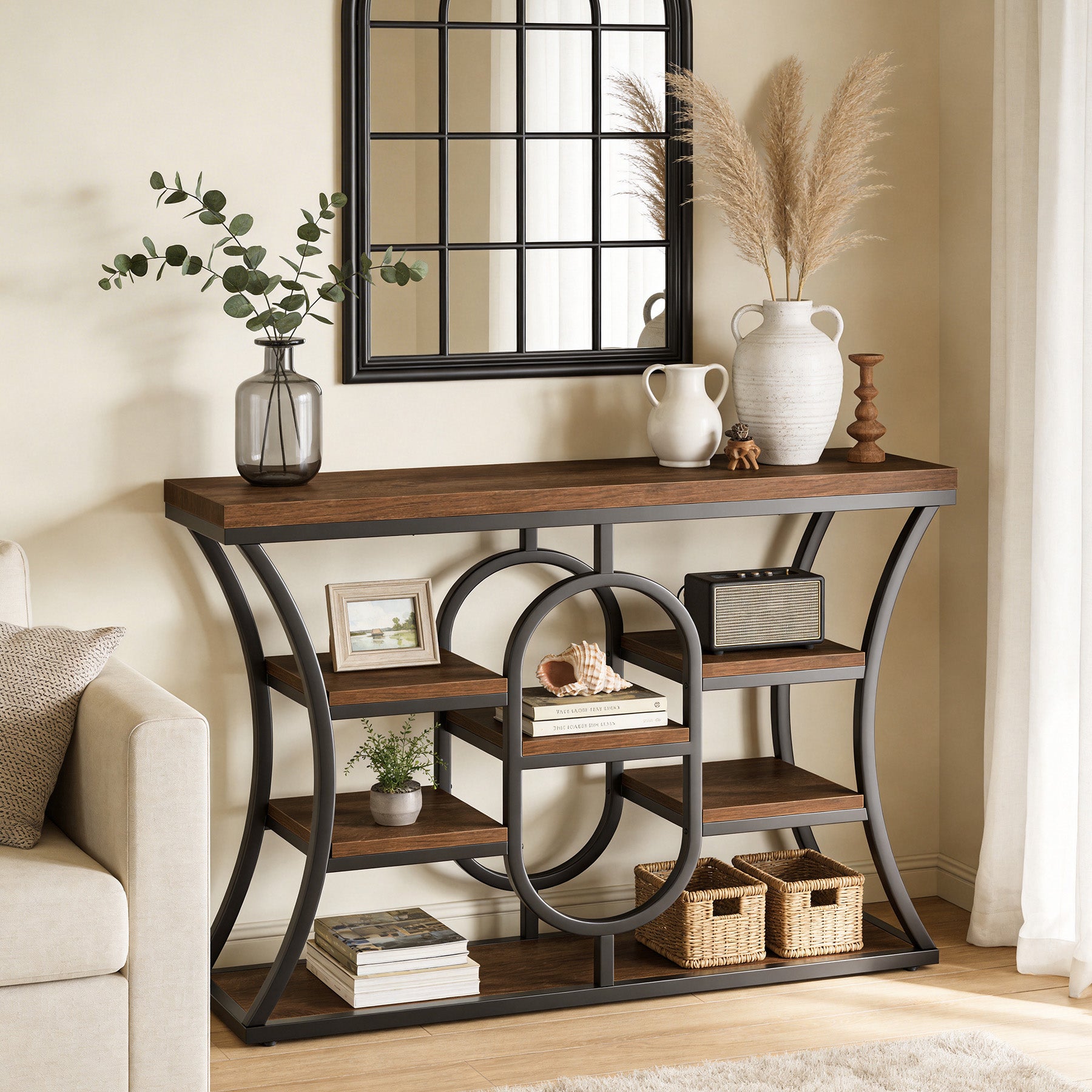 105 cm Smalle Consoletafel met Opbergrekken, Industriële Entreetafel voor Hal Woonkamer Achter Bank