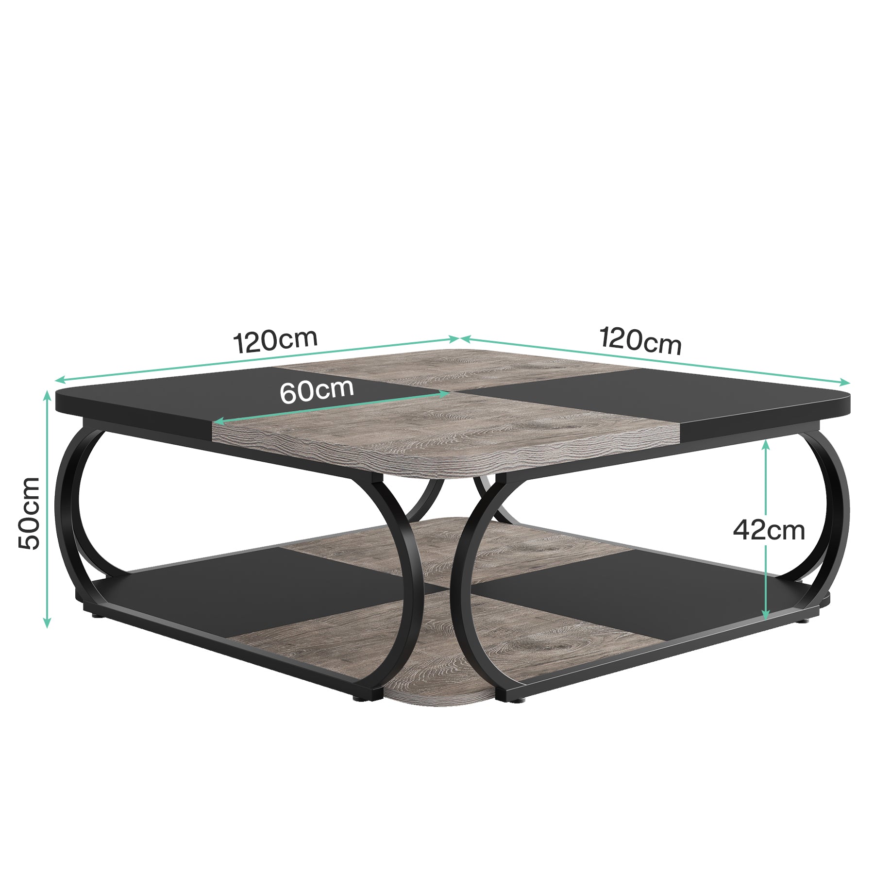 100 cm Vierkante Salontafel met Dubbele Planken, Landelijke Tafel met Metal Frame