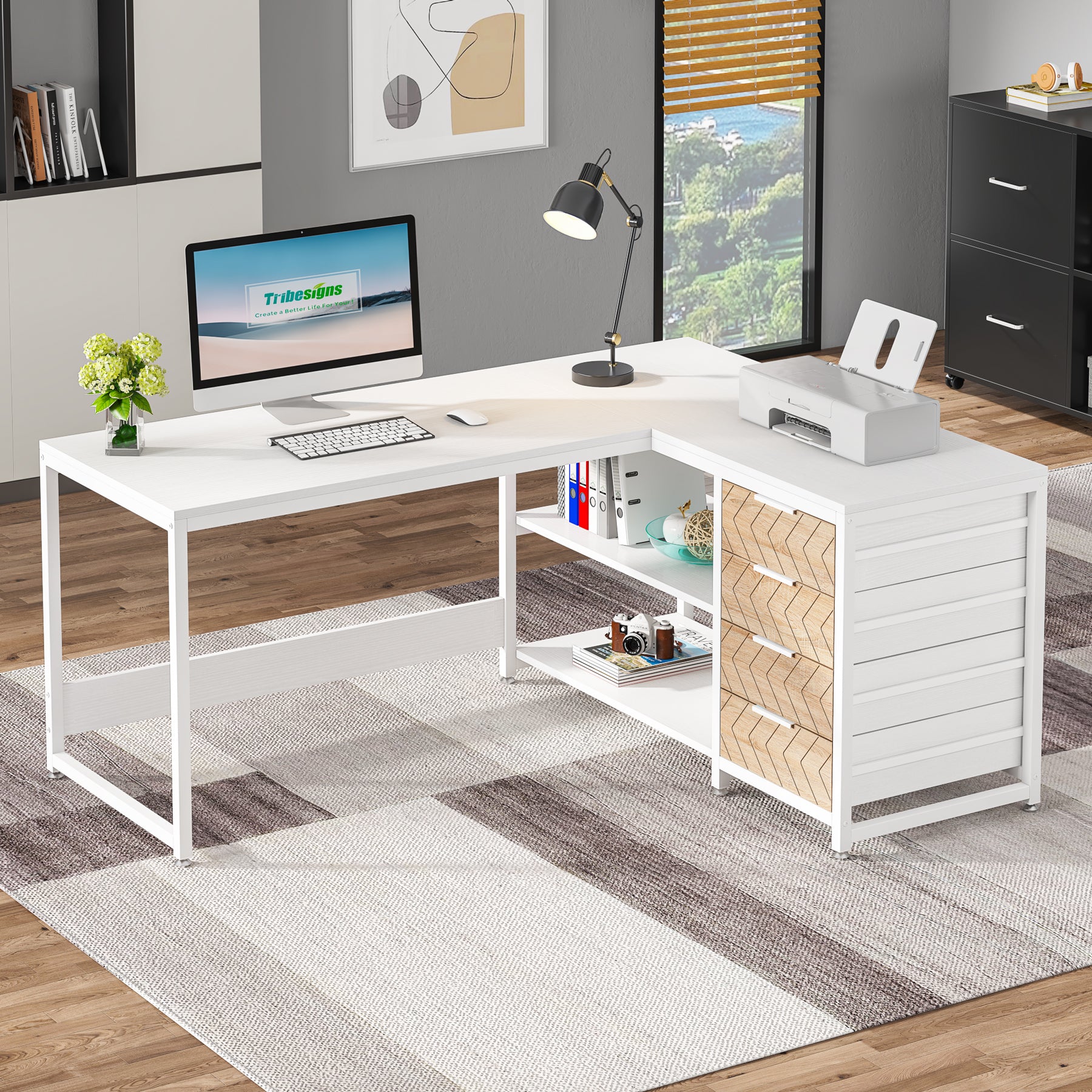 150 cm L-vormig Bureau, Met 4 Laden en 2 Planken voor Kantoor en Werkkamer