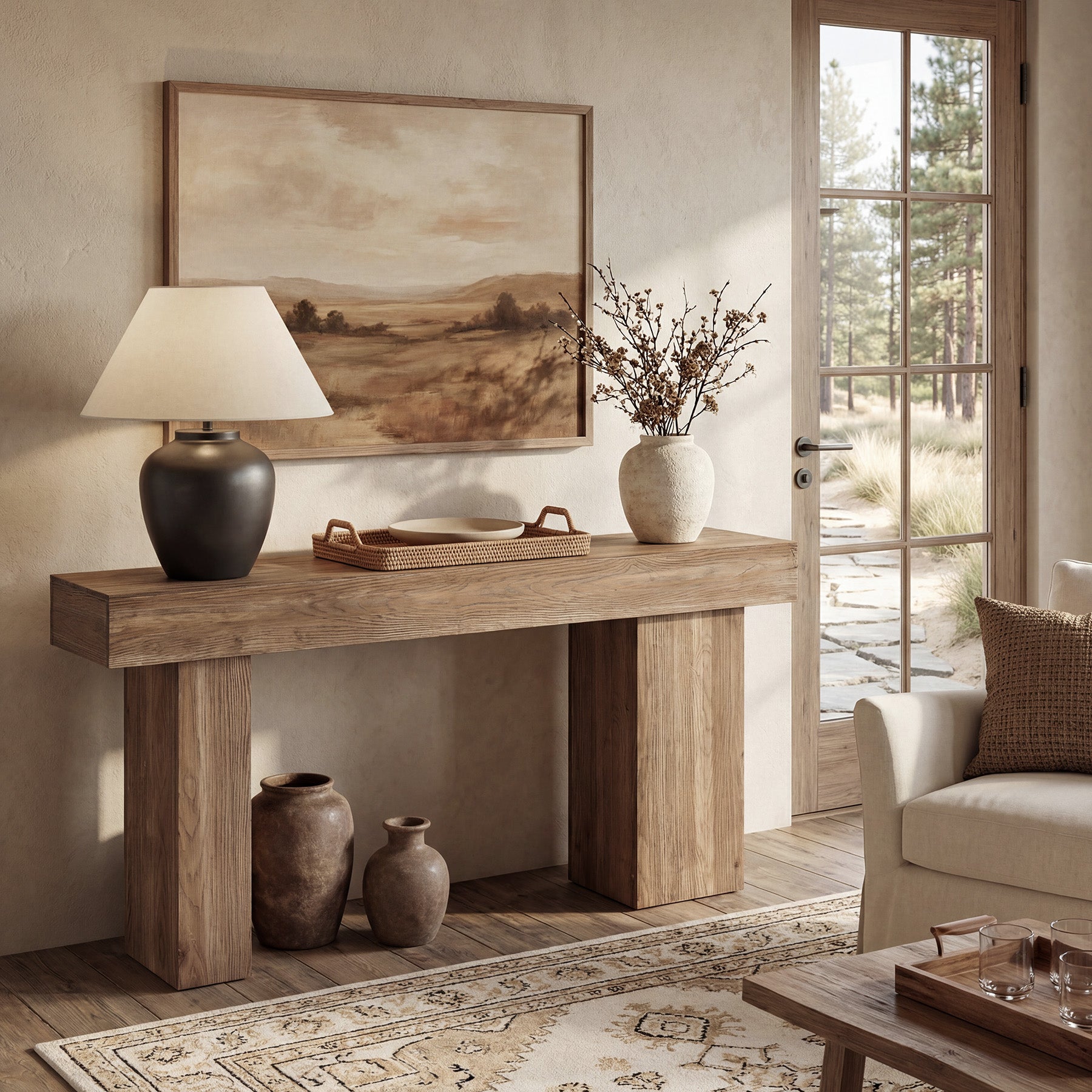 160 cm Massief Houten Landelijke Consoletafel met Artistieke Poten, Stevige Banktafel