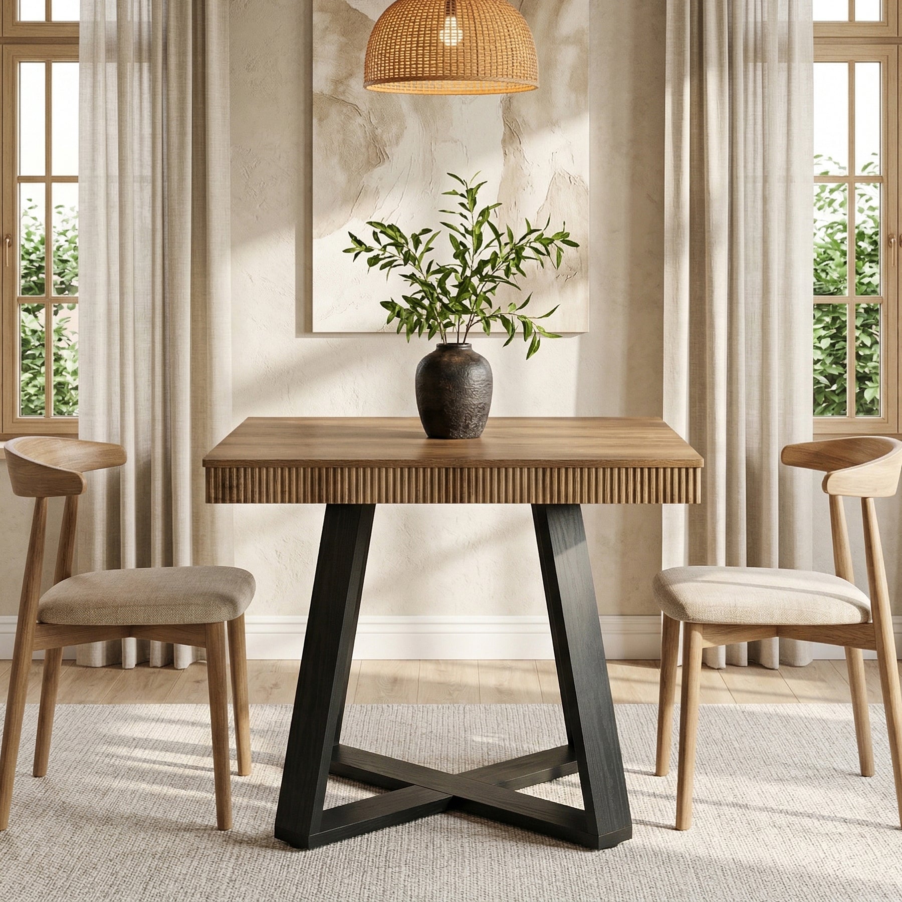 80 cm Vierkante Eettafel voor 4 Personen, Landelijke Houten Tafel met Geribbelde Rand en X-Basis voor Kleine Ruimtes
