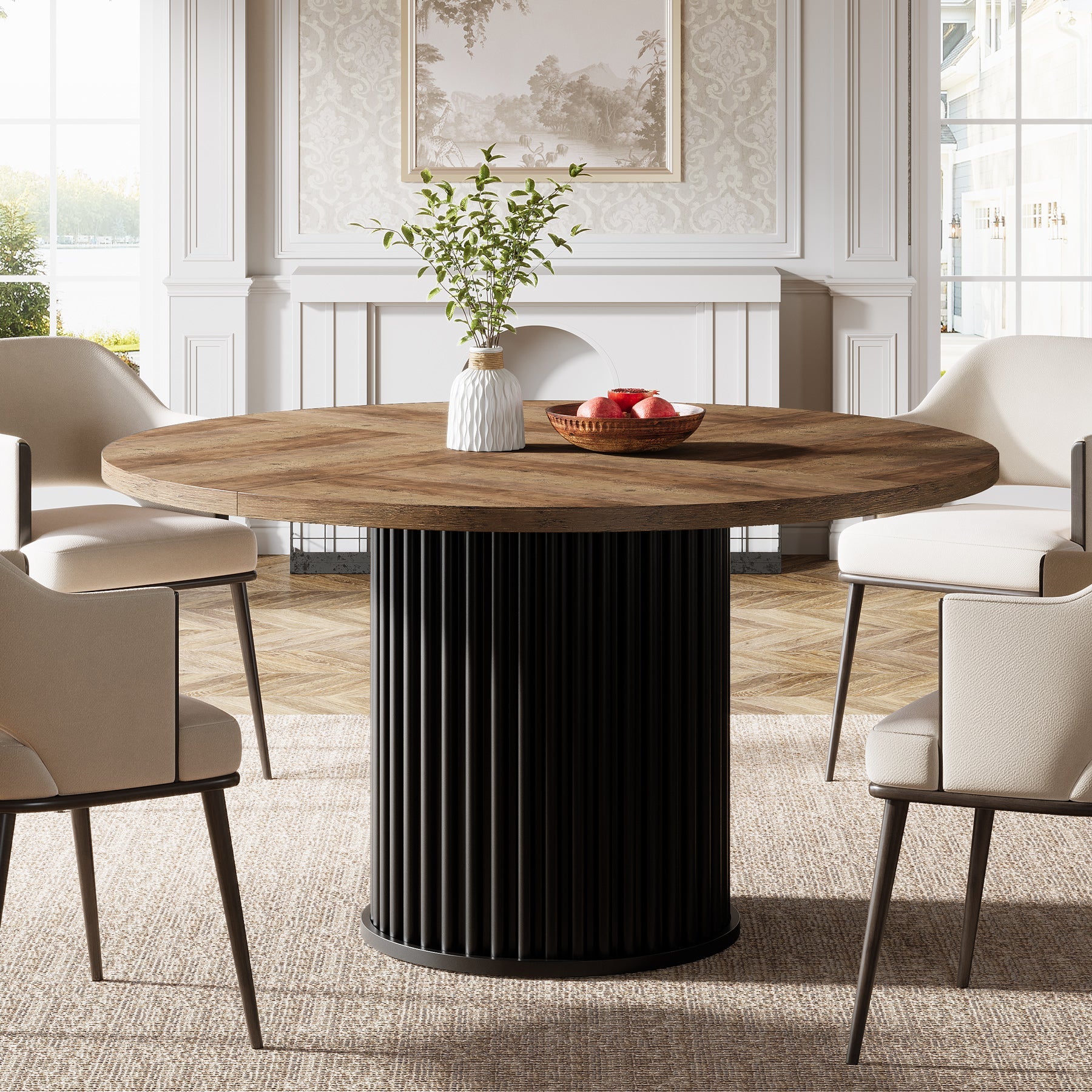 120 cm Zwarte Ronde Eettafel voor 4-6 Personen, Moderne Keukentafel met Metalen Basis