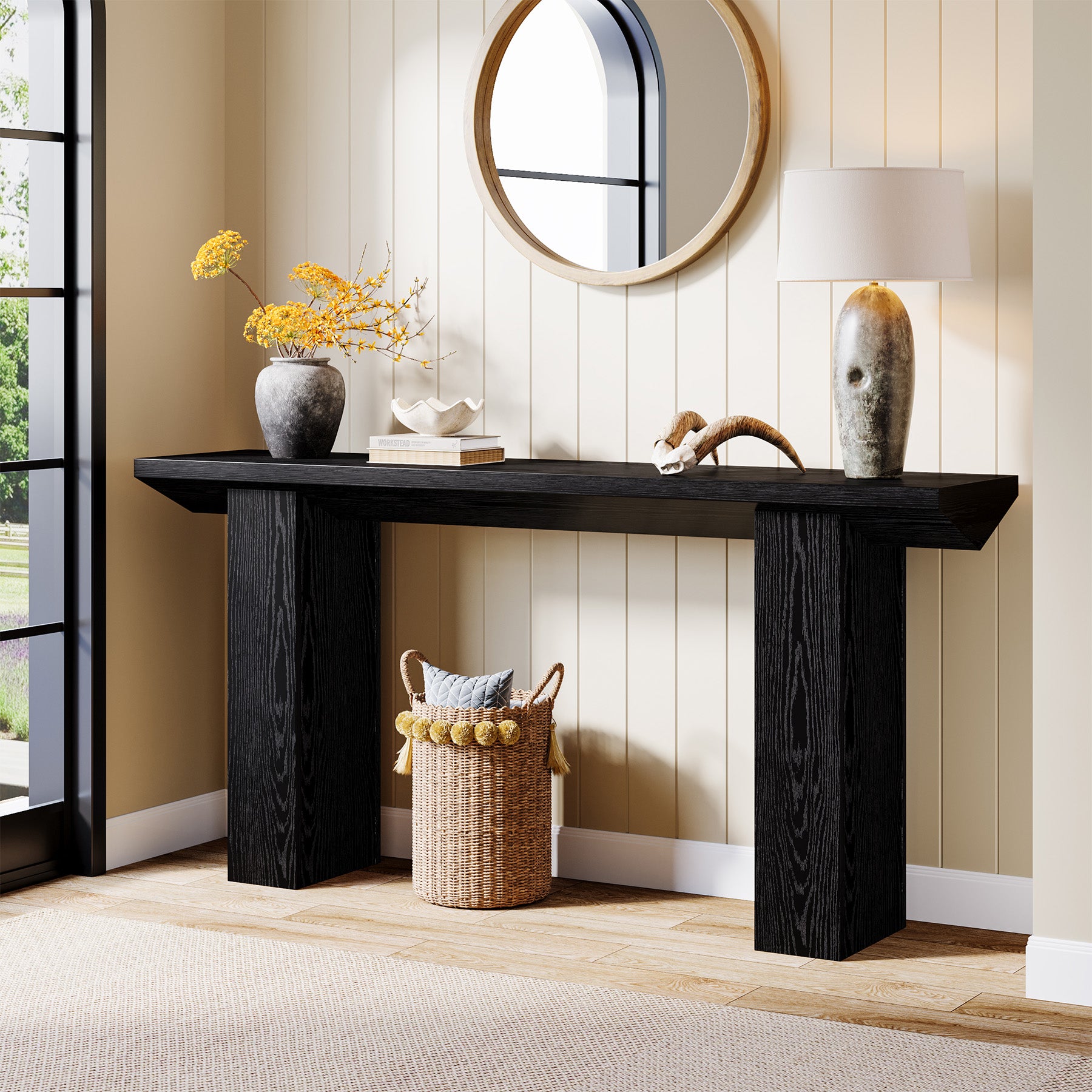 160 cm Smalle Salontafel voor Achter de Bank, Zwart Houten Haltafel voor Woonkamer en Entree