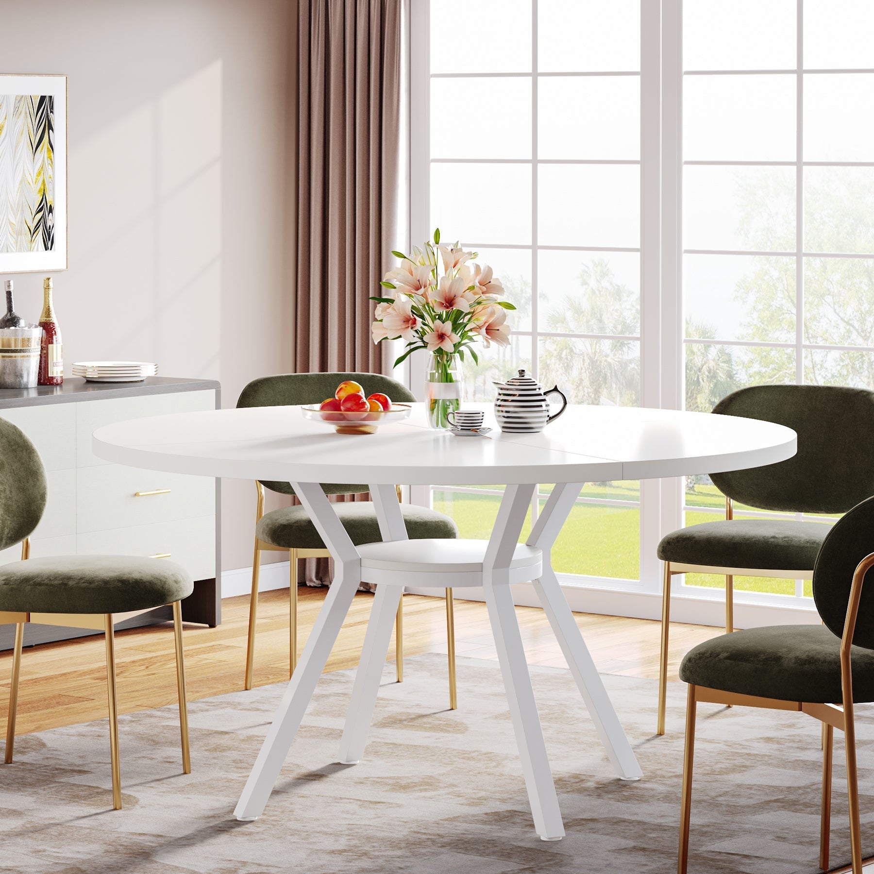 120 cm Eettafel voor 4-6 Personen, Ronde Tafel met Opbergruimte
