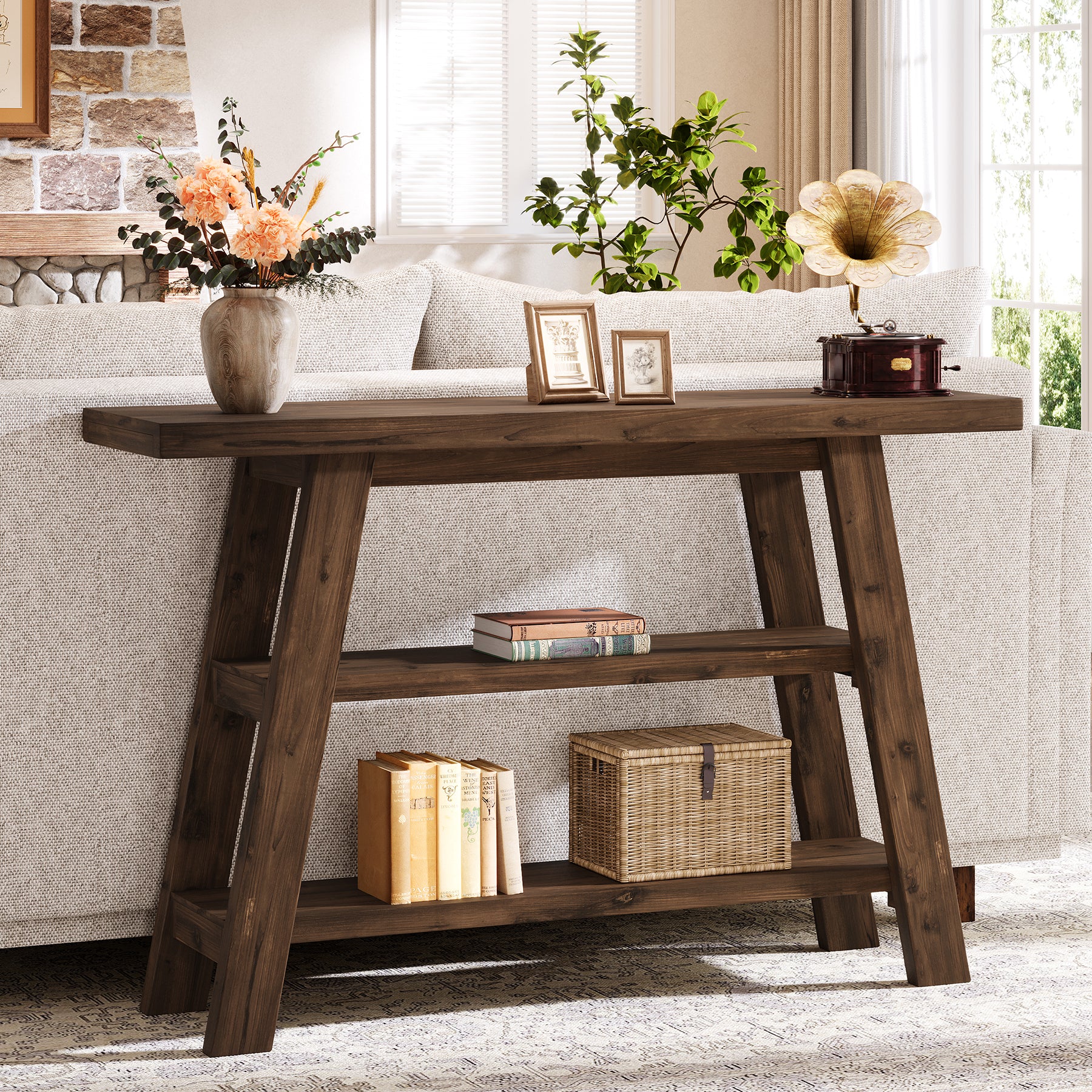 120 cm Tribesigns Massief Houten Consoletafel met 3 Niveaus, Smalle Boerderijstijl Entreetafel voor Hal en Woonkamer