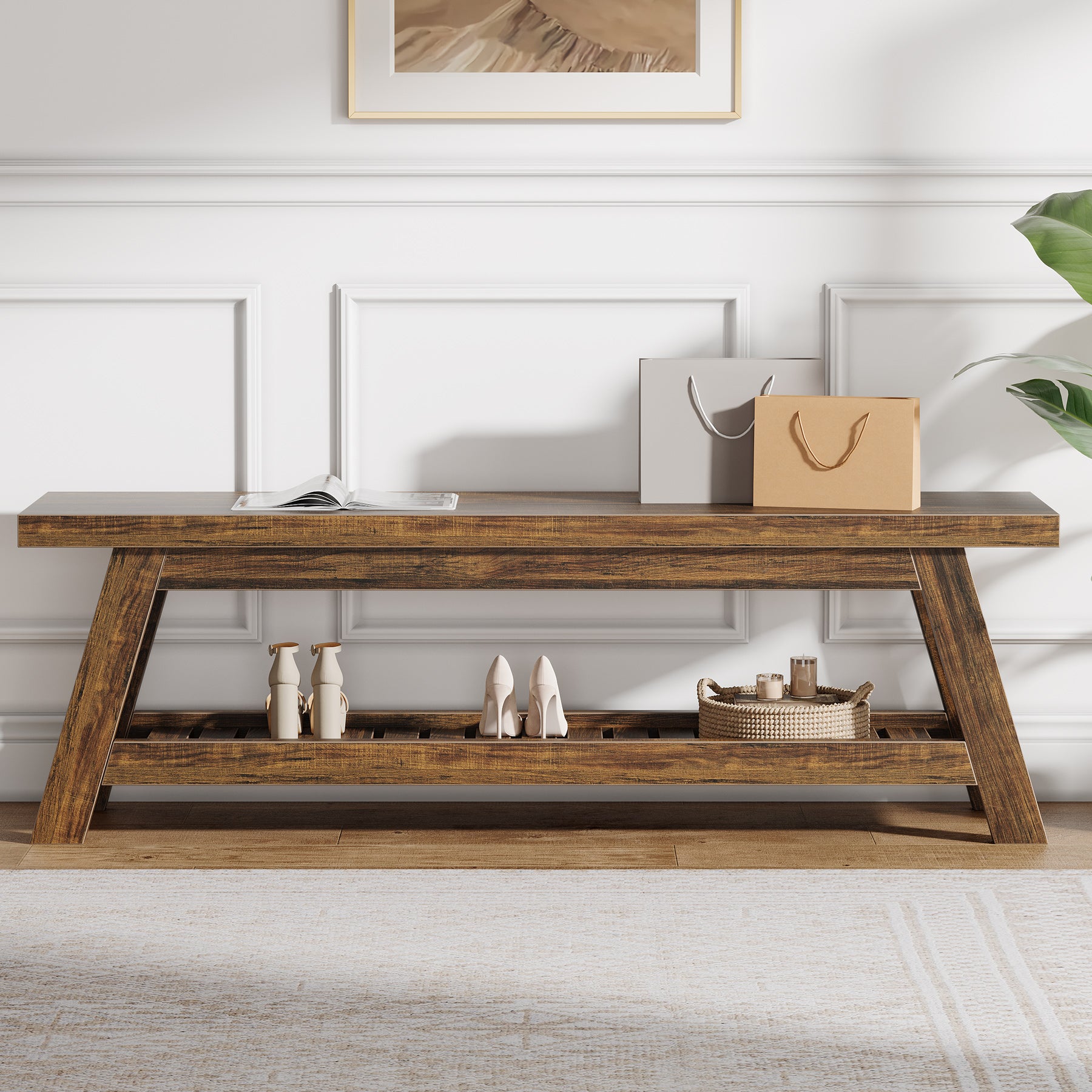 140 cm Houten Halbank met Opbergruimte, Smalle Schoenenbank met 2 Planken