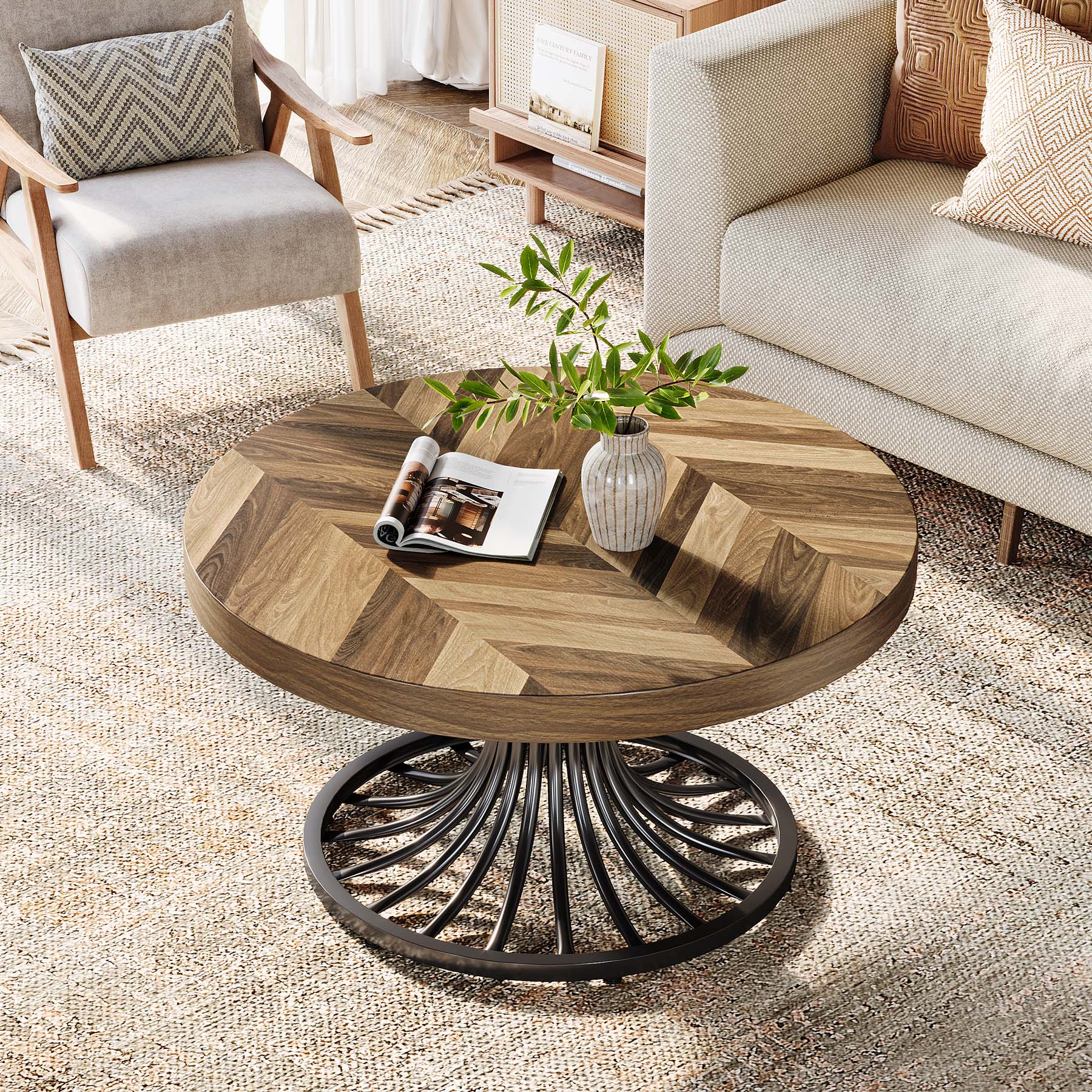 79 cm Ronde Salontafel van Hout, Landelijke Koffietafel met Metalen Sokkel voor Woonkamer