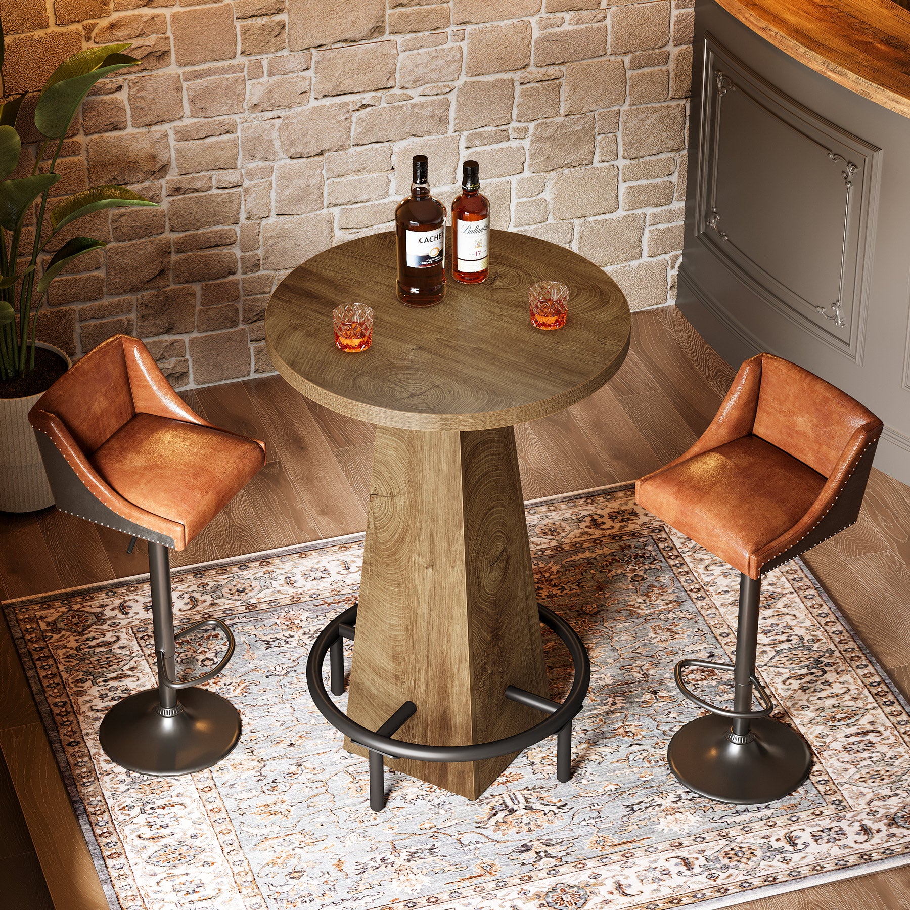 95 cm Ronde Bartafel met Metalen Voetring, Houten Bistro Statafel