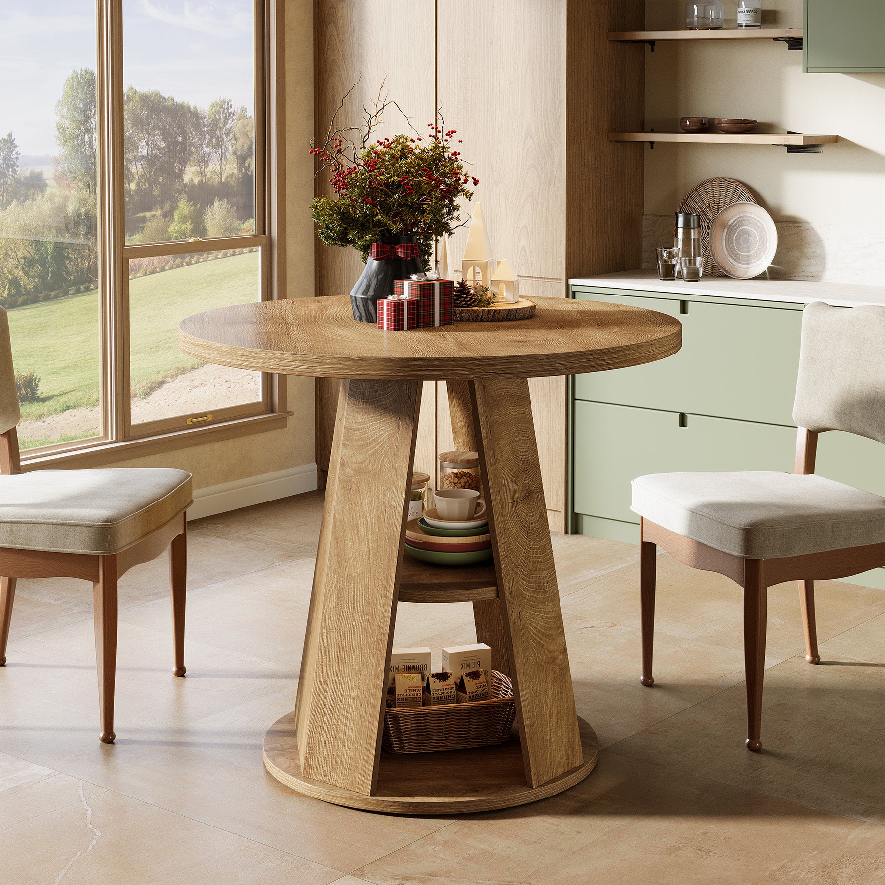 80 cm Ronde Eettafel voor 2-4 Personen, Kleine Boerenkeuken Tafel met 2-Tier Opberplank