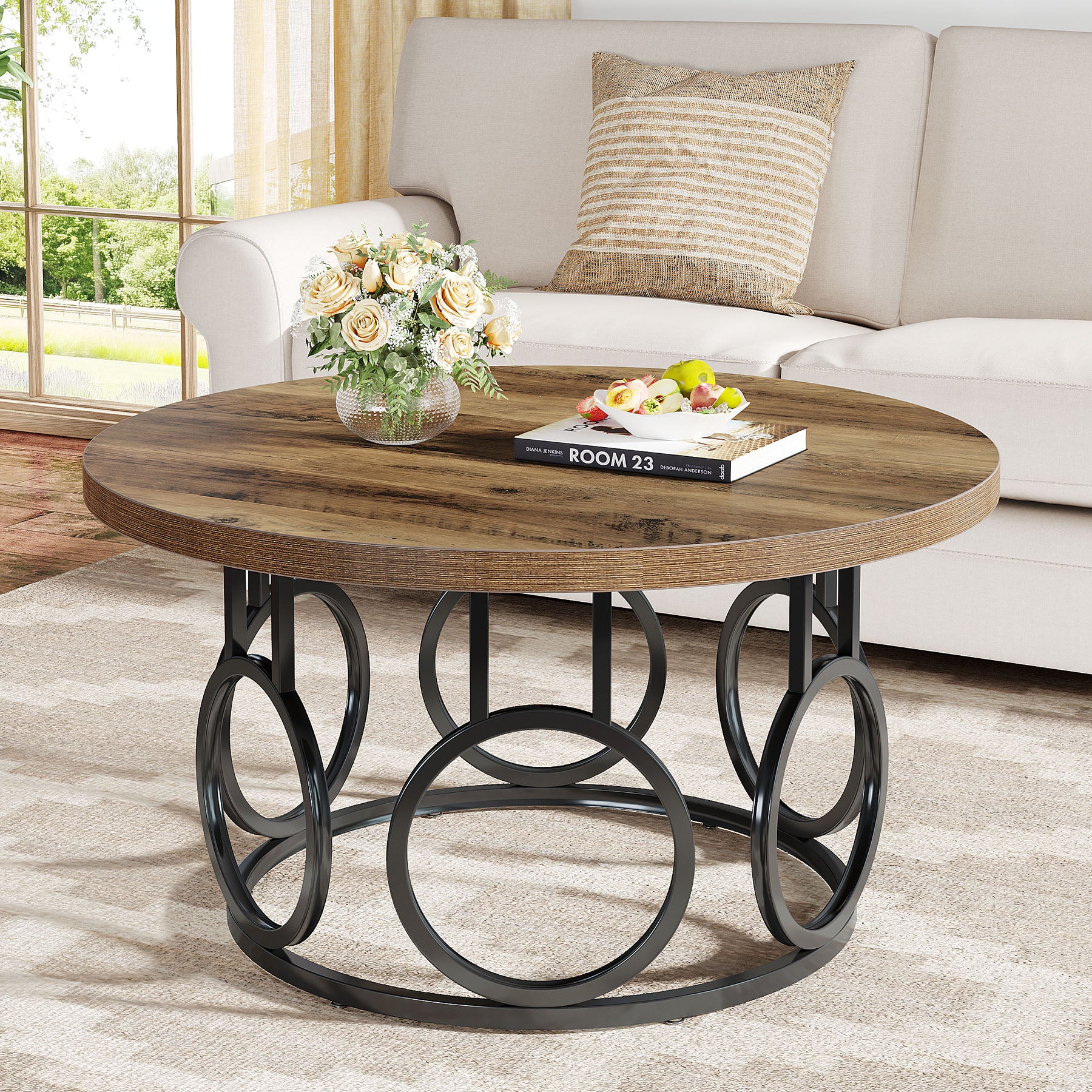 Ronde Salontafel 80 × 80 × 45 cm in Rustiek Hout, Moderne Industriële Tafel met Metalen Onderstel