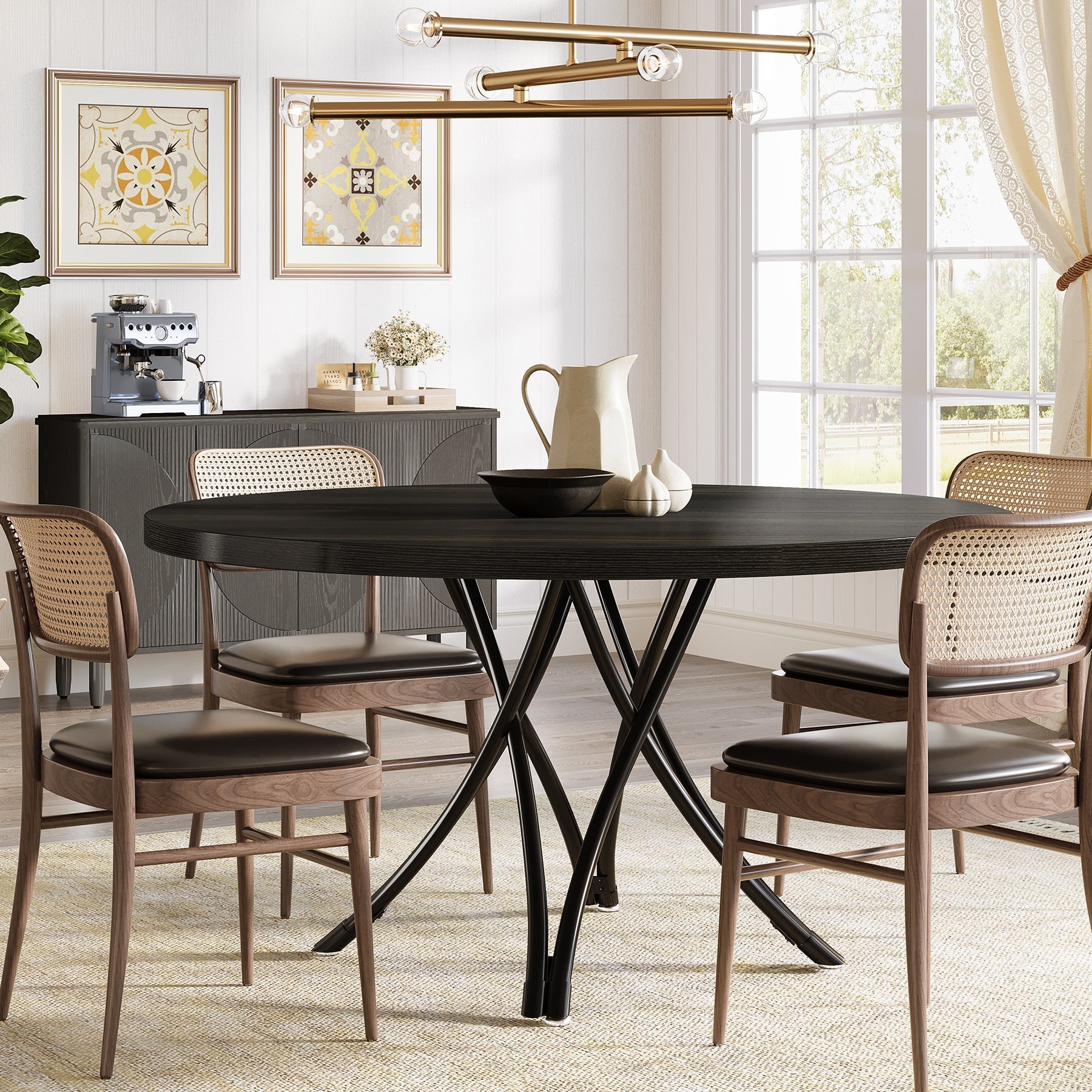 Ronde Eettafel voor 4-6 Personen, 120 cm met Kruisvormige Metalen Poten in Het Zwart