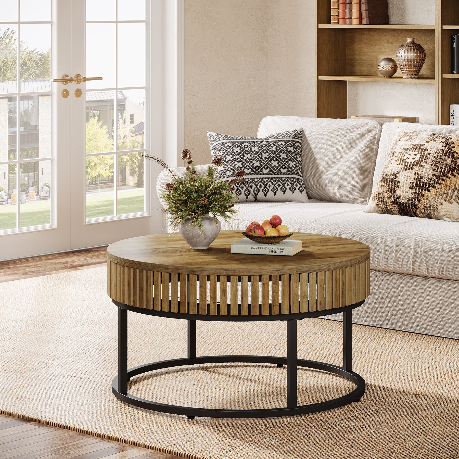 80 cm Ronde Salontafel van Hout, Moderne Industriële Koffietafel voor de Woonkamer