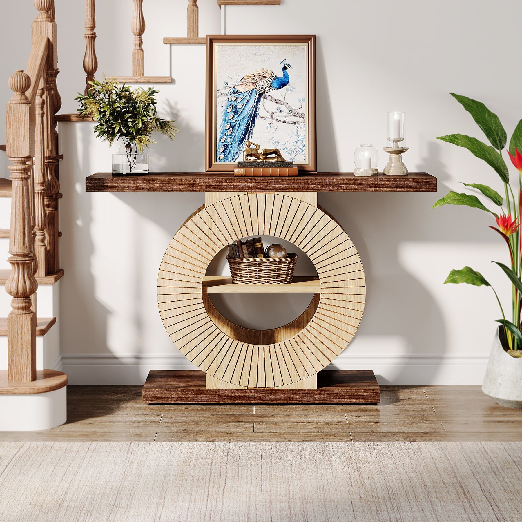 100 cm Houten Console met Opbergplank, Ronde Basis Accenttafel voor Entree en Woonkamer
