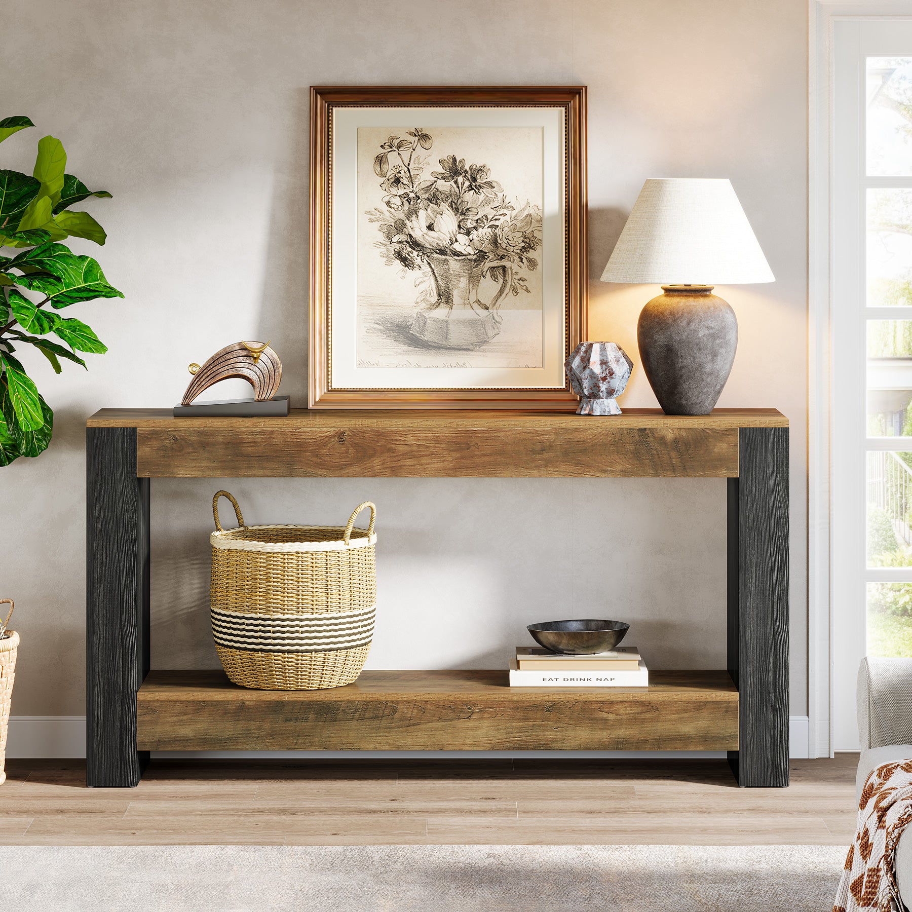 160 cm Landelijke Consoletafel in Rustiek Bruin en Zwart, Houten Sofa- en Haltafel voor Woonkamer en Entree