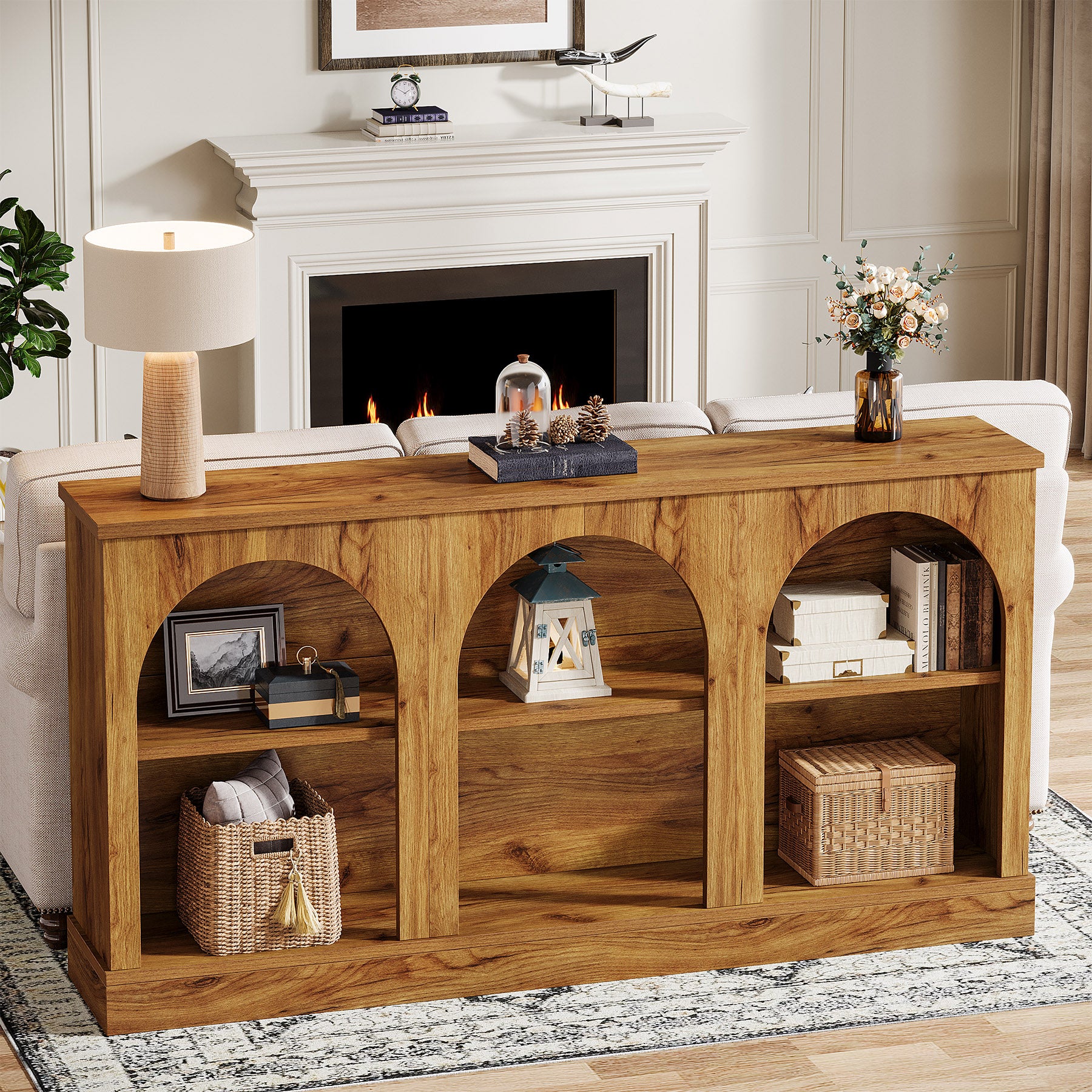 160 cm Boerderij Console, Lange Houten Tafel met Drie Planken voor Hal en Woonkamer