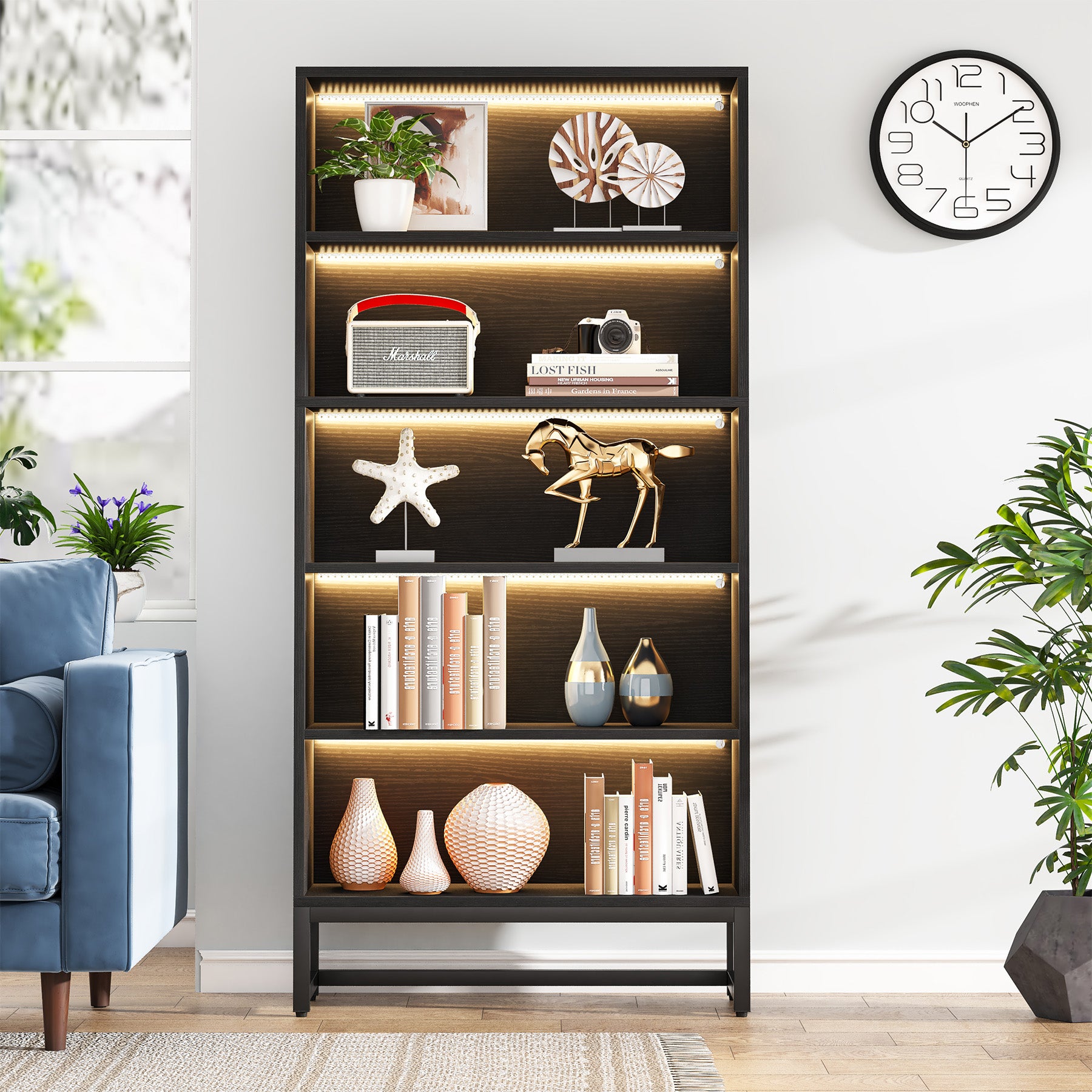 Tribesigns 180 cm hoge boekenkast met LED-verlichting, zwarte 5-laagse opbergkast
