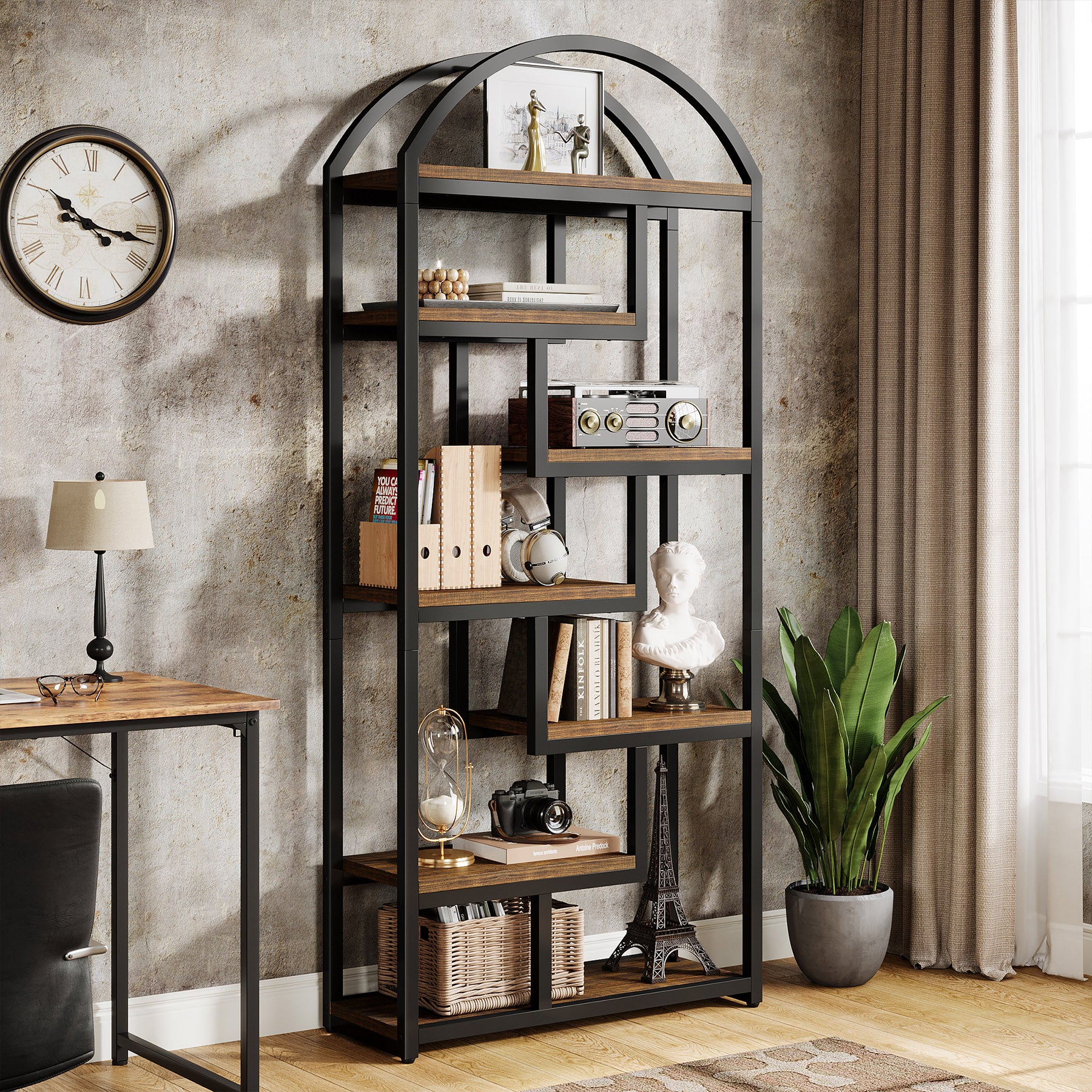 80 cm industriële boekenkast, boogvormige kast met open displayplanken