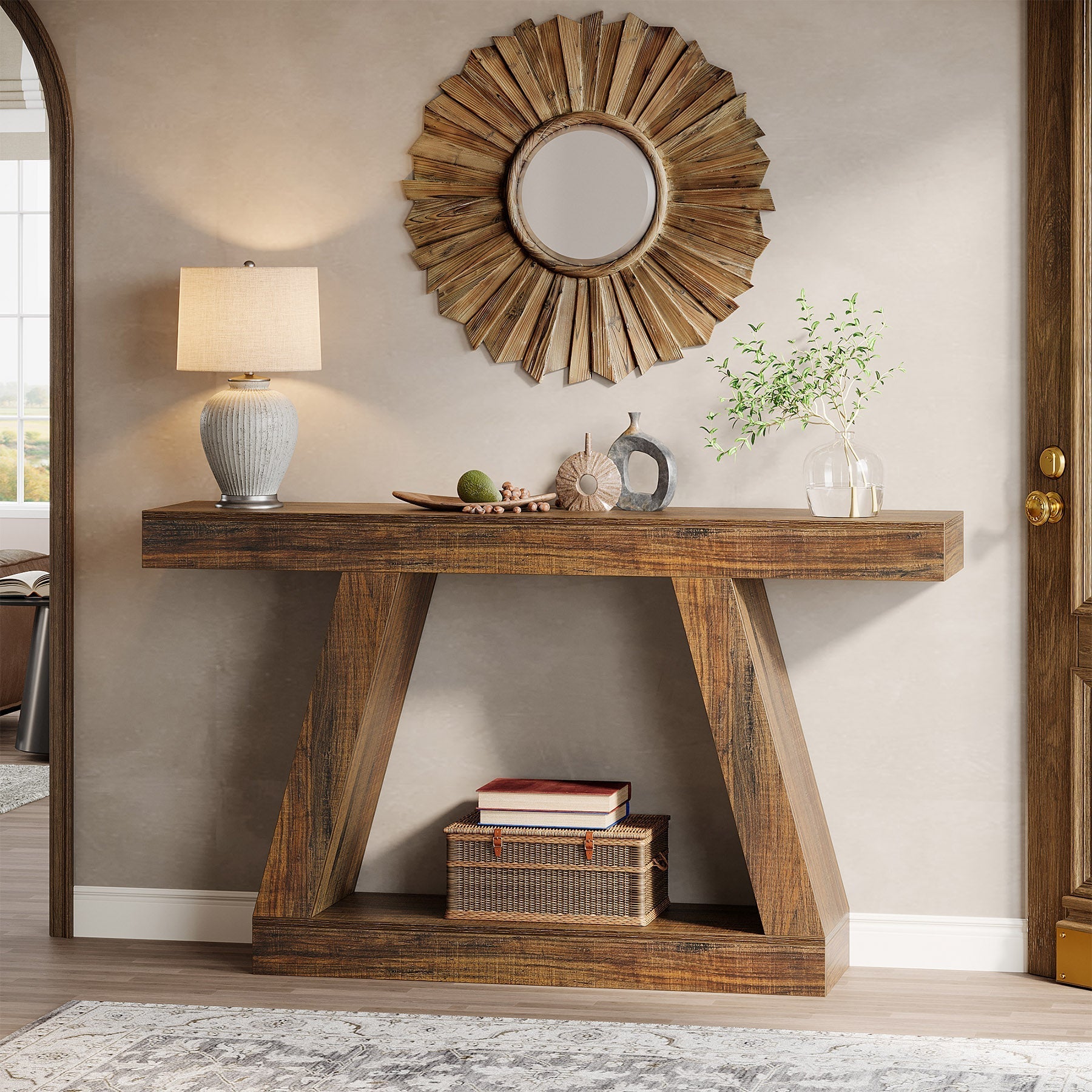 140 cm Landelijke Consoletafel, Industriële Houten Opbergtafel voor Hal en Woonkamer