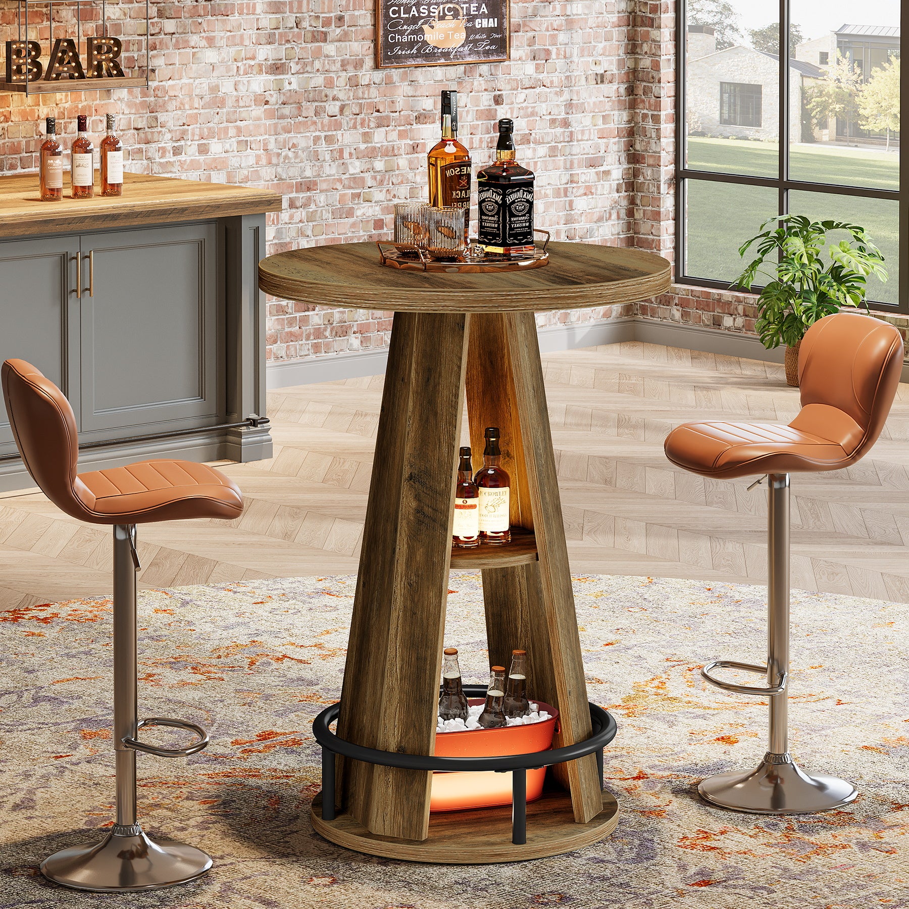100 cm Ronde Bartafel met Opbergruimte, Industriële Bistrotafel voor Woonkamer Bar Kleine Ruimtes