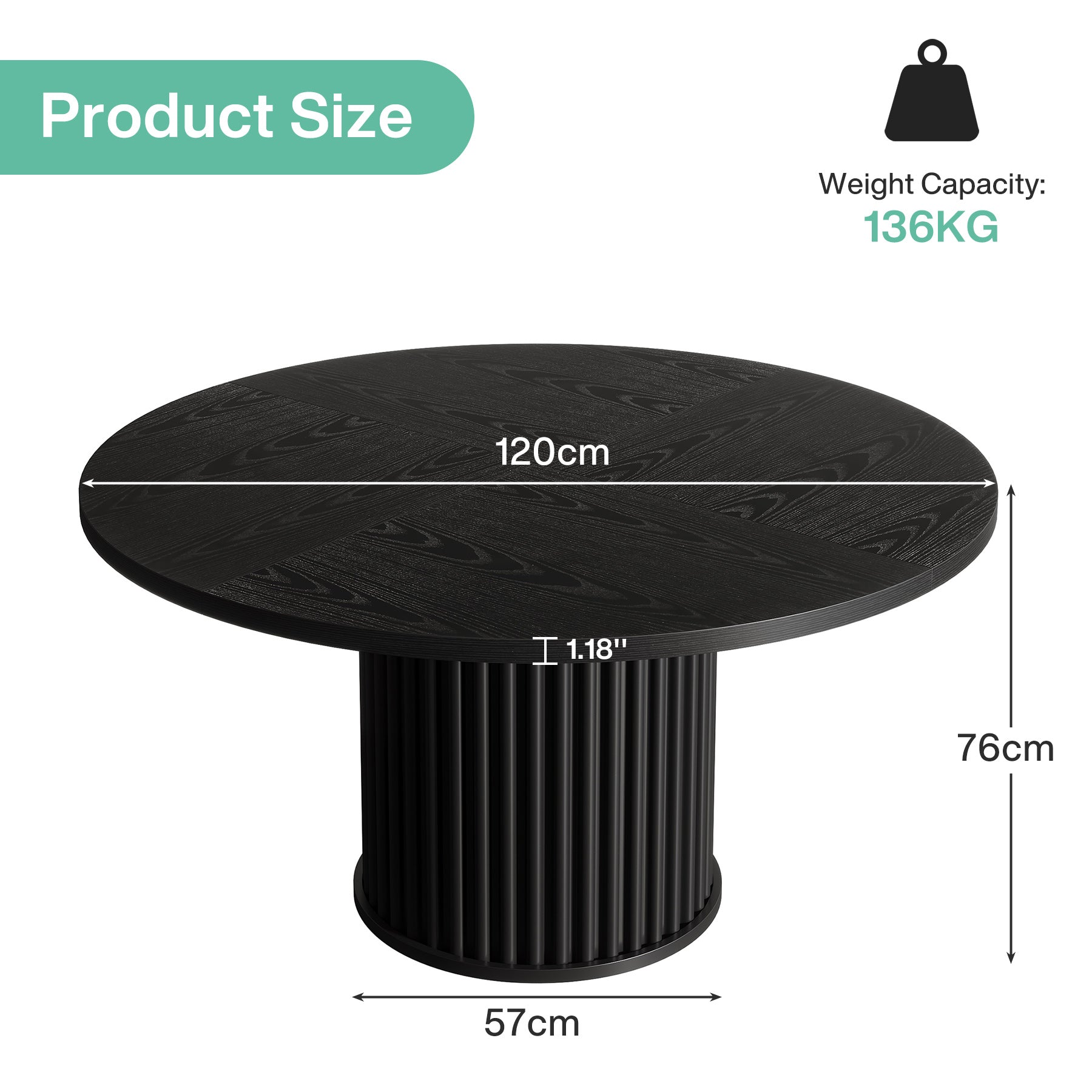 120 cm Zwart Ronde Conferentietafel, Stabiel Bureau voor 4-6 Personen