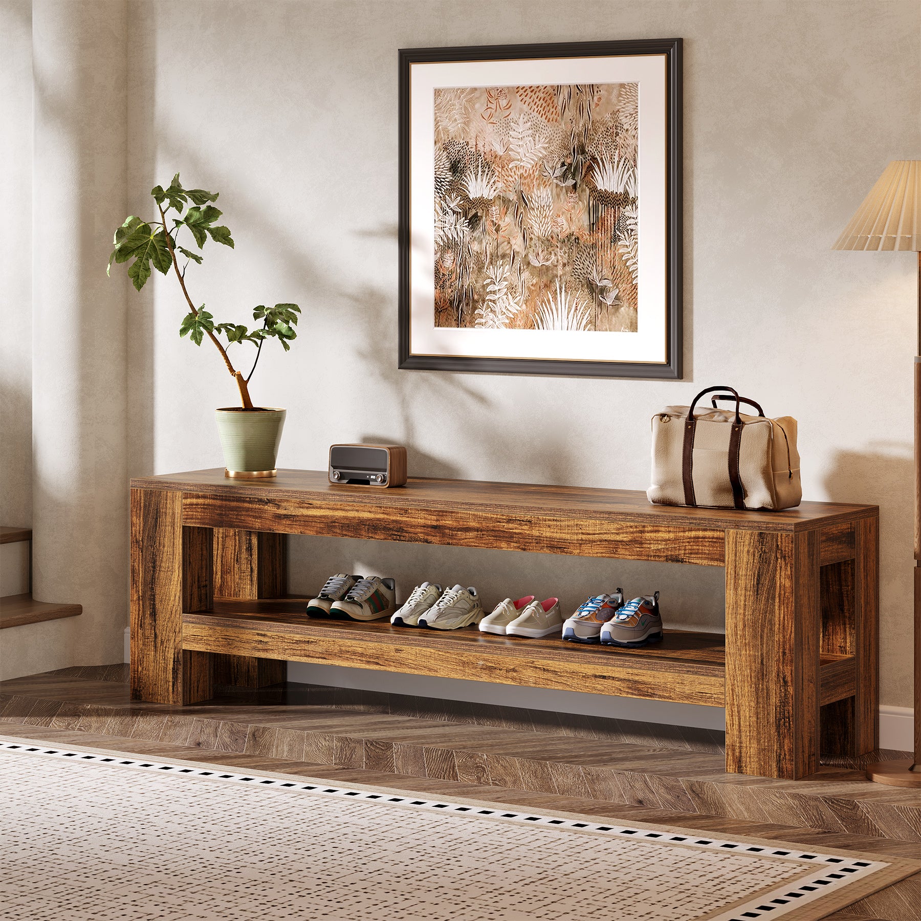 Tribesigns 150 cm Houten Halbank met Opbergplank, Landelijke Schoenenbank voor Hal Keuken Entree
