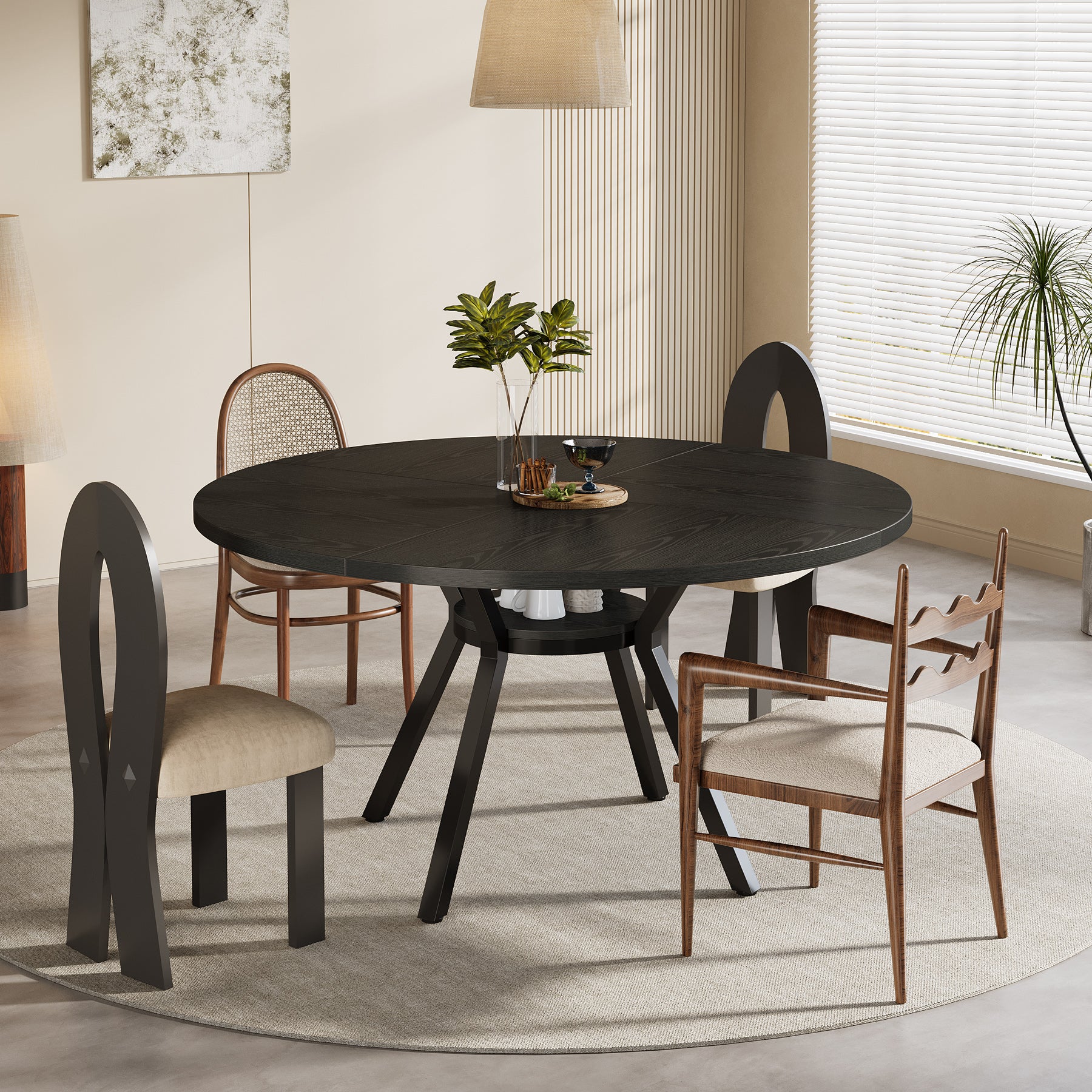 120 cm Eettafel voor 4-6 Personen, Ronde Tafel met Opbergruimte