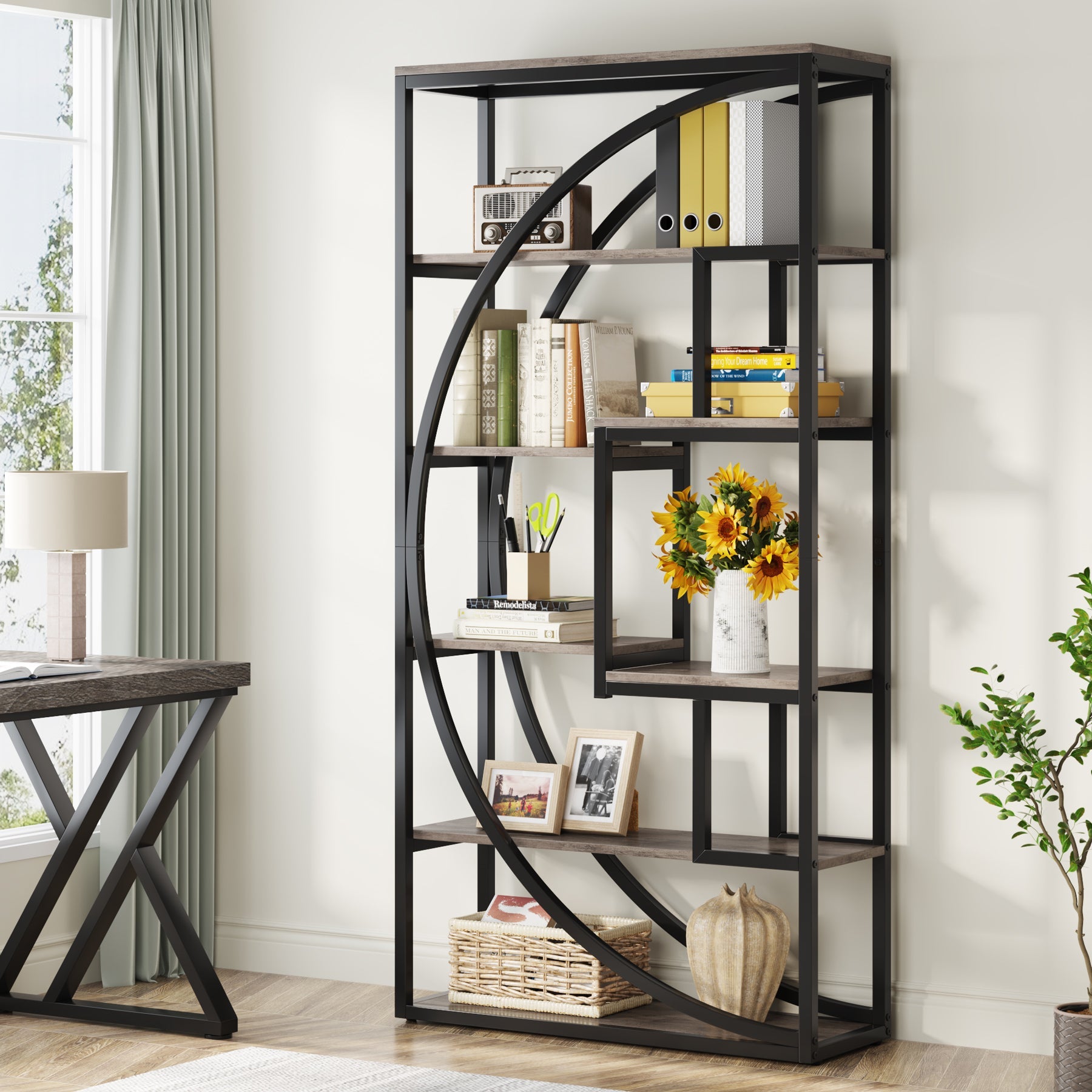 180 cm Hoge Industriële Boekenkast, 5 Planken Met 8 Open Opbergvakken voor Woonkamer en Kantoor