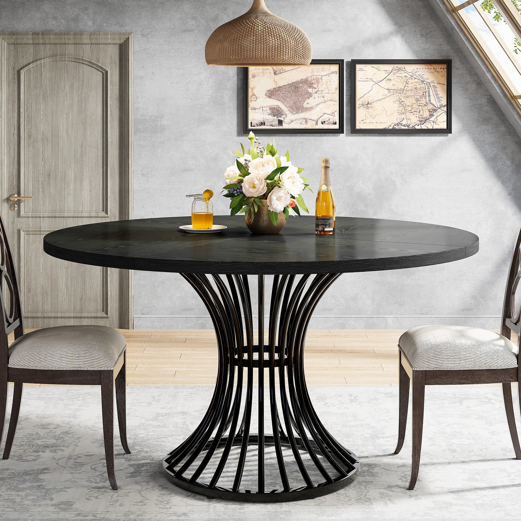 119 cm Ronde Industriële Eettafel, Voor 4-6 Personen met Metalen Frame in Zwart en Bruin