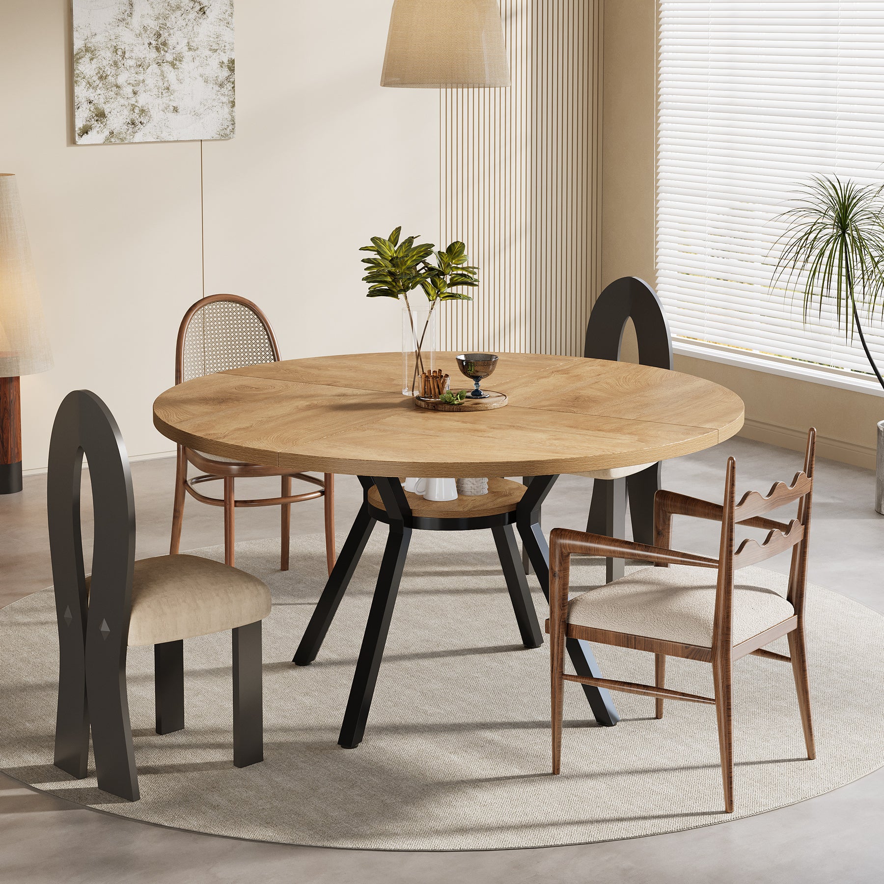 120 cm Eettafel voor 4-6 Personen, Ronde Tafel met Opbergruimte