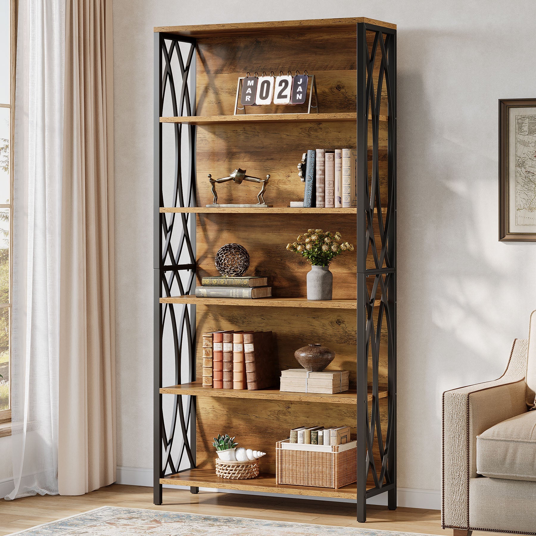 6-lags Boekenkast, 180 cm Industriële Boekenkast met Geometrisch Metalen Frame