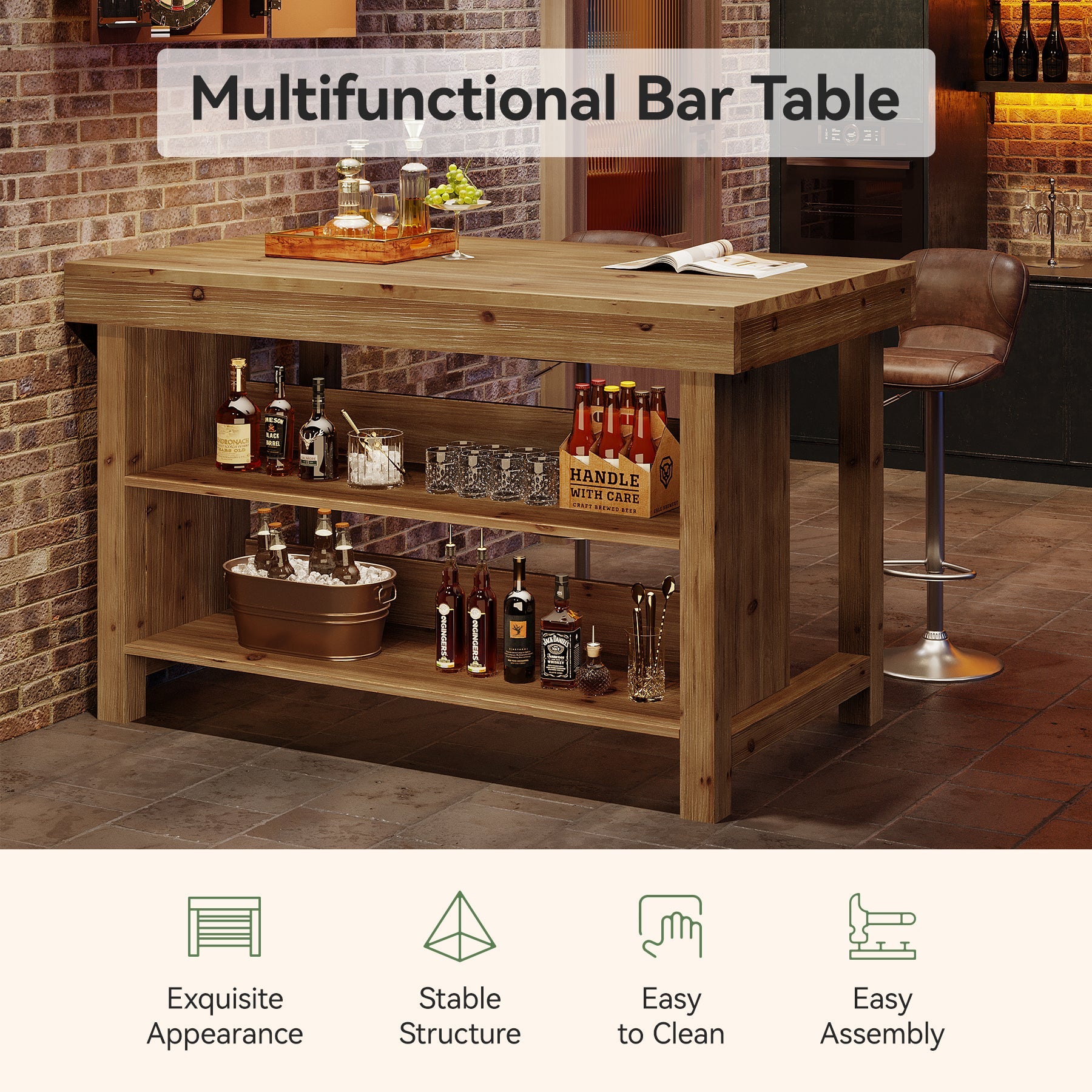 140 cm landelijke bartafel, 3-laags barunit van massief hout met open opbergplanken