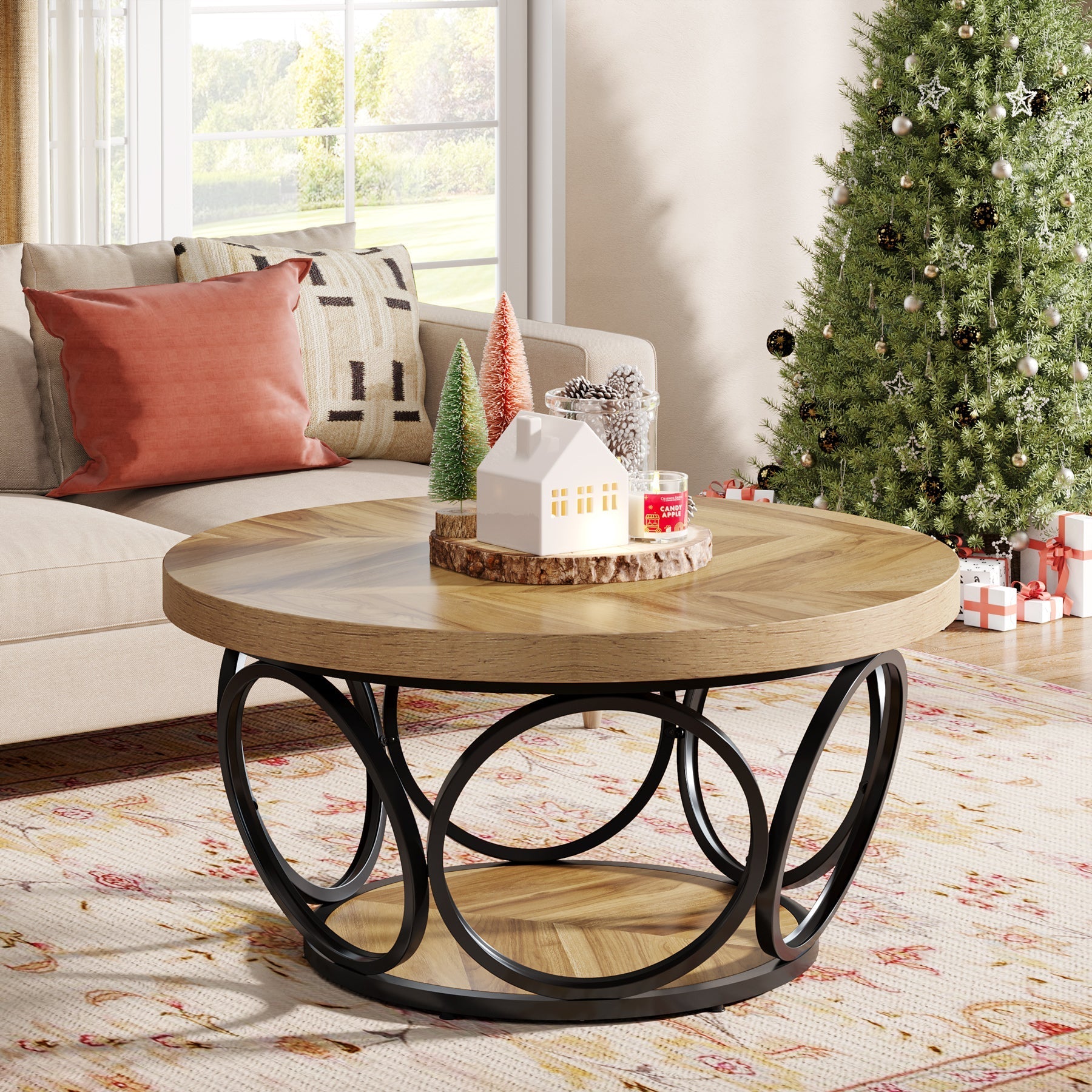 80 cm Ronde Salontafel, Landelijke Tafels met Dubbele Opbergplanken in Houtstructuur