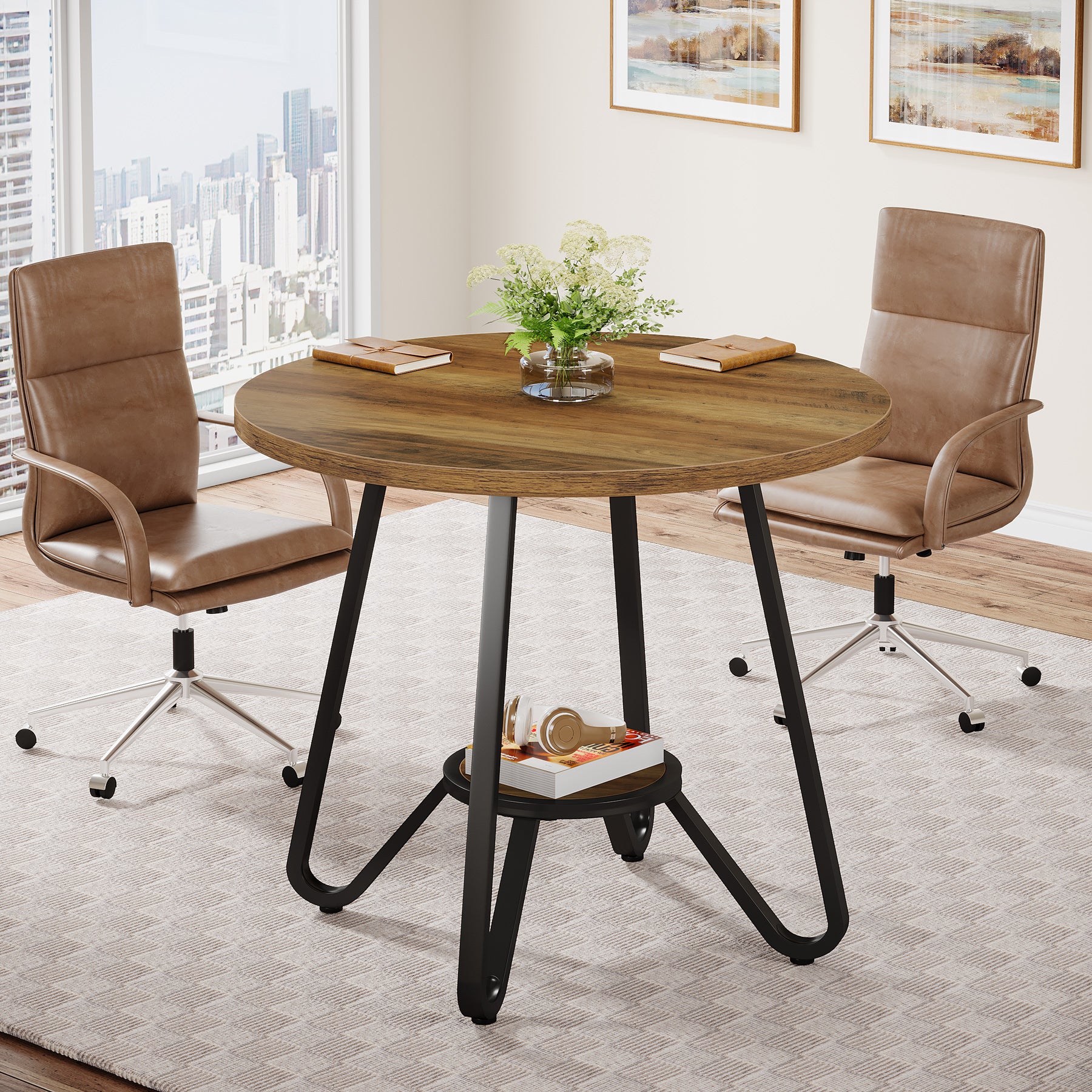 80 x 80 x 75 cm Ronde Conferentietafel voor 2-4 Personen, Compacte Houten Kantoortafel Bruin
