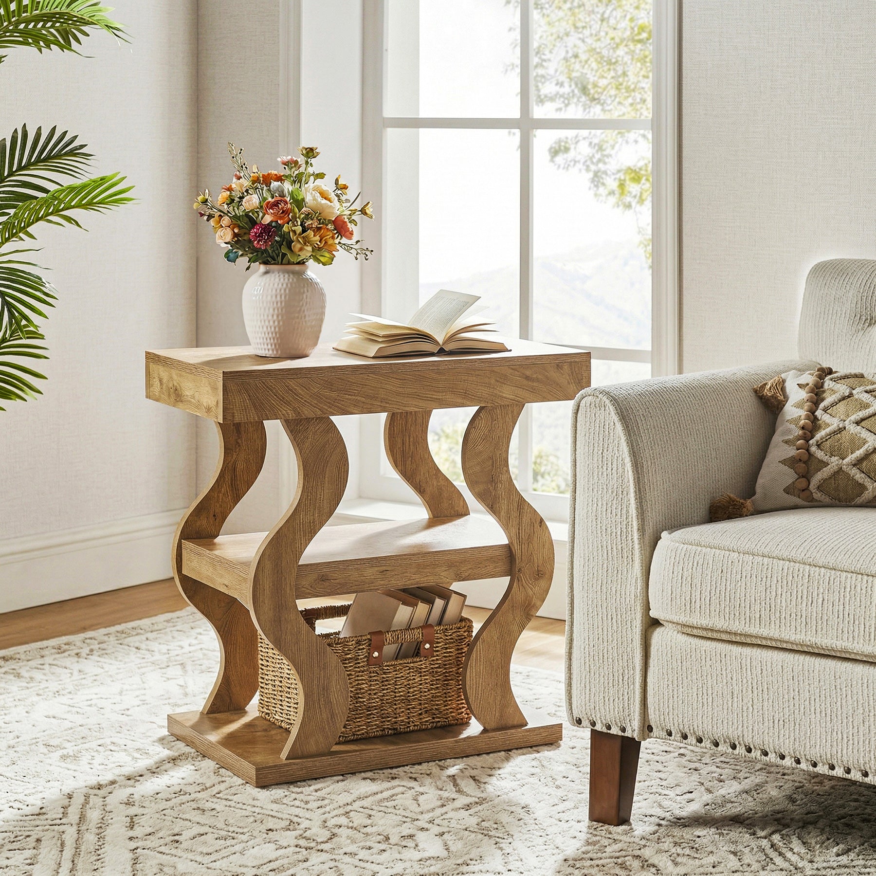 Tribesigns 60 cm smalle 3-laagse bijzettafel, houten bijzettafel met plank voor woonkamer