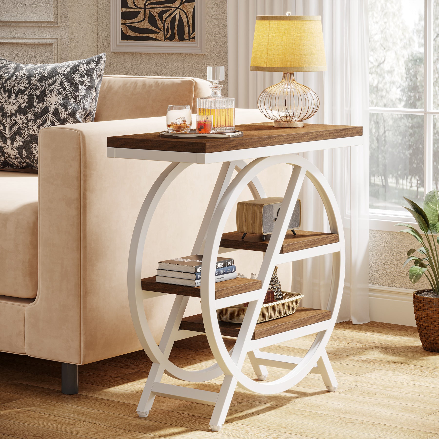 65 cm Drieplanken Bijzettafel, Industriële Houten Tafel met Geometrisch Frame voor Woonkamer