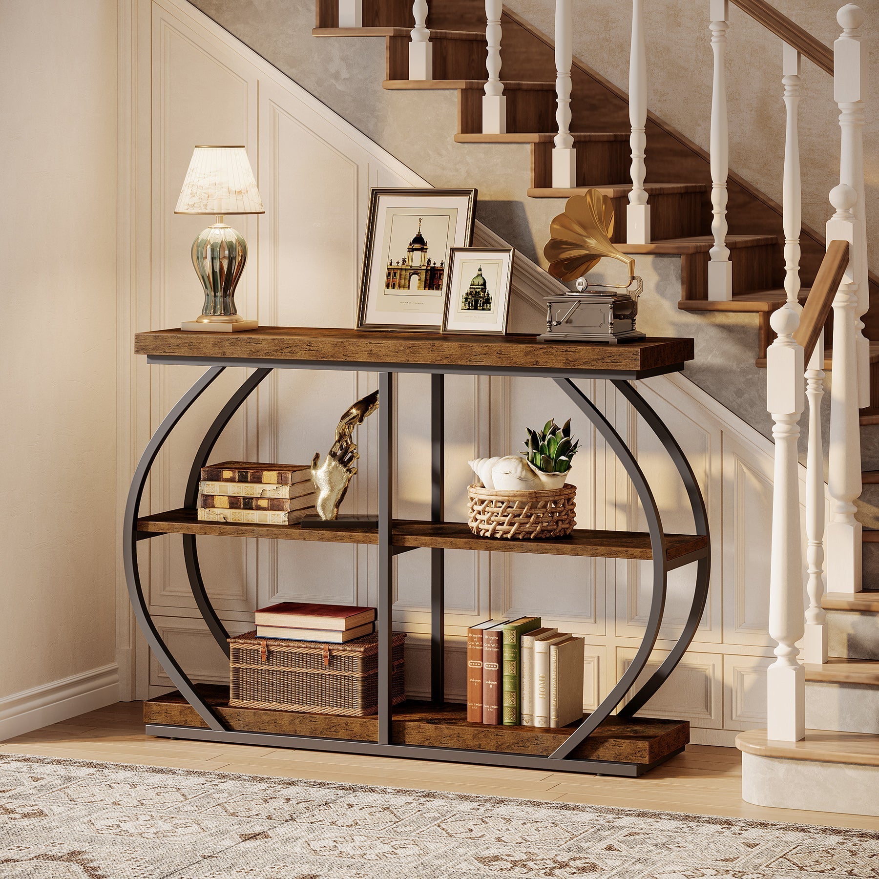 105 cm Industriële Consoletafel met 3 Planken, Gebogen Metalen Frame voor Woonkamer en Hal
