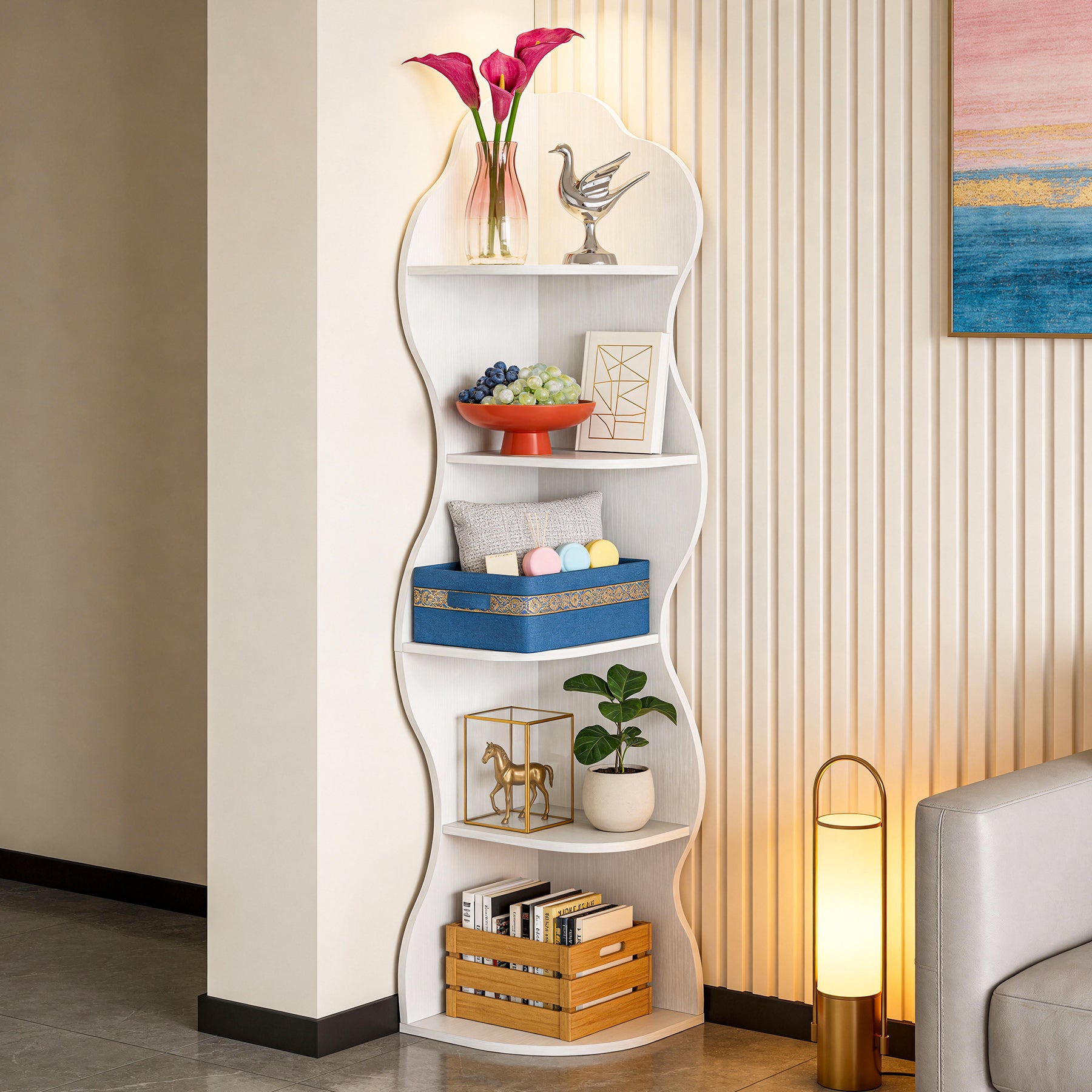 174 cm Hoekboekenkast met 5 Planken, Witte Hoekkast voor Woonkamer