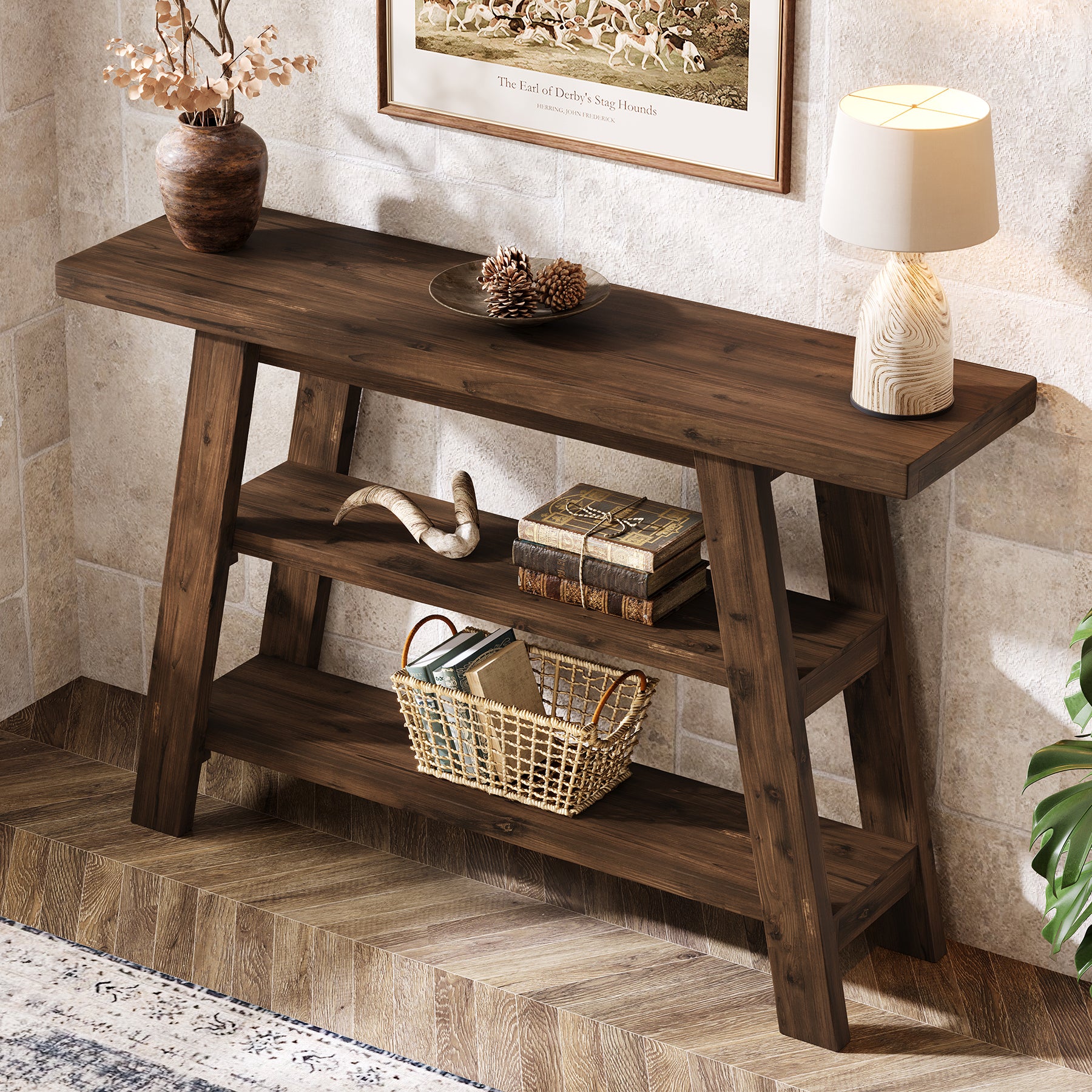 120 cm Tribesigns Massief Houten Consoletafel met 3 Niveaus, Smalle Boerderijstijl Entreetafel voor Hal en Woonkamer