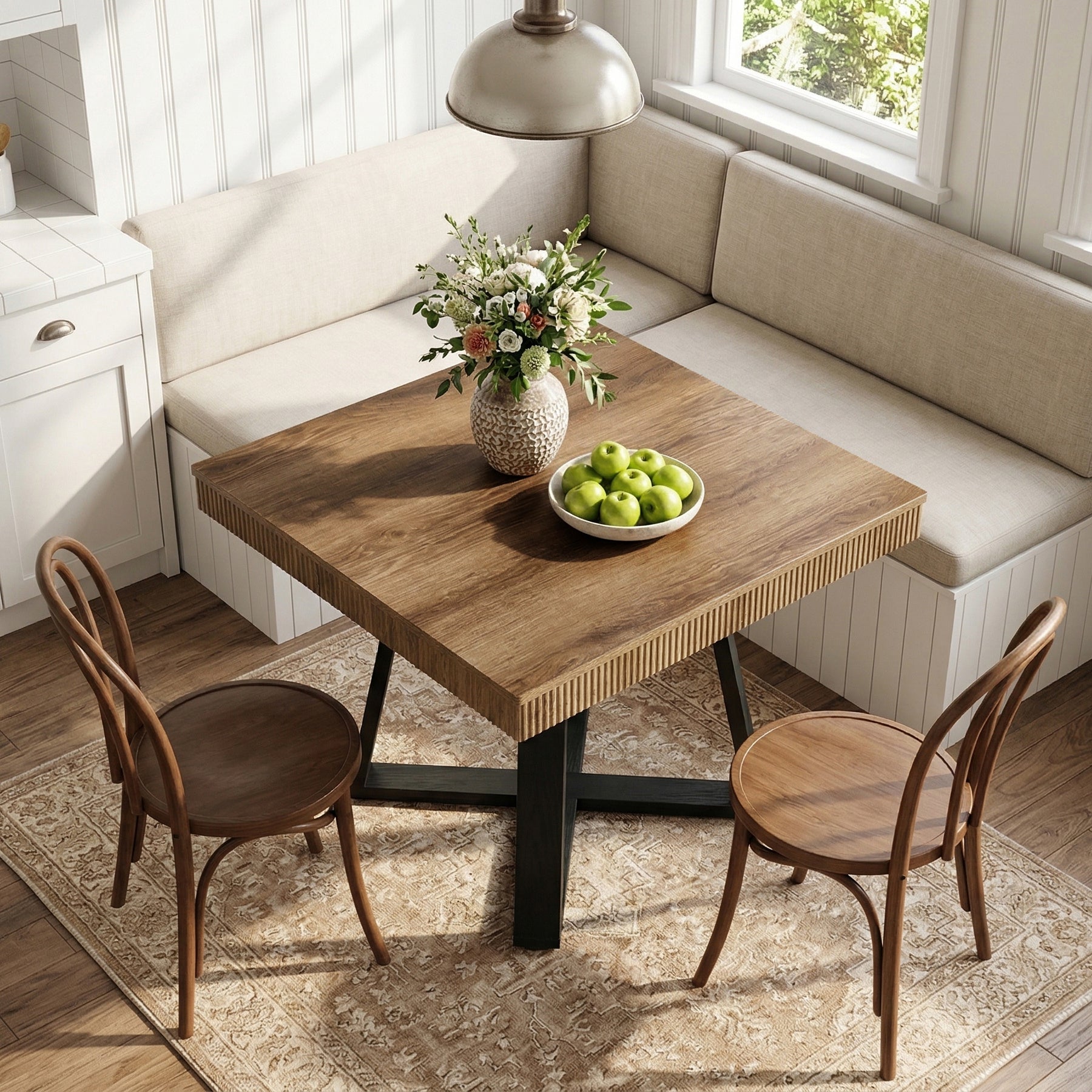 80 cm Vierkante Eettafel voor 4 Personen, Landelijke Houten Tafel met Geribbelde Rand en X-Basis voor Kleine Ruimtes