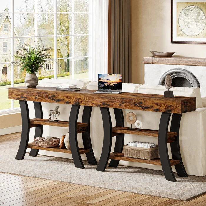 105 cm Landelijke Consoletafel, Drieplanken Salontafel met Gebogen Frame voor Hal