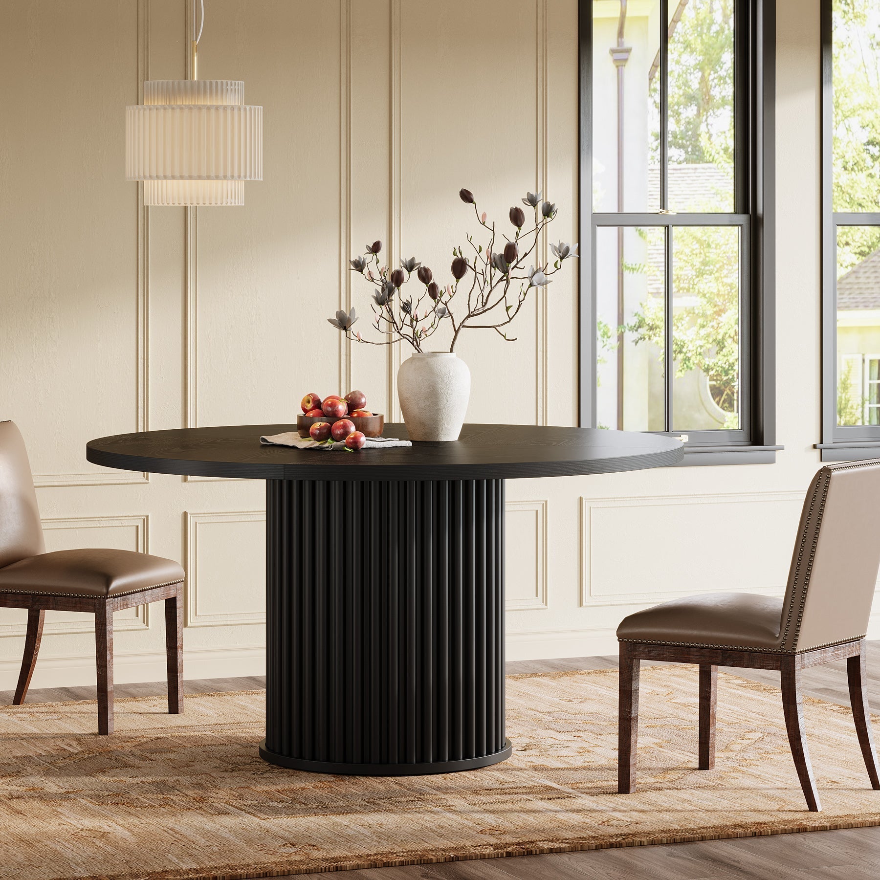 120 cm Zwarte Ronde Eettafel voor 4-6 Personen, Moderne Keukentafel met Metalen Basis