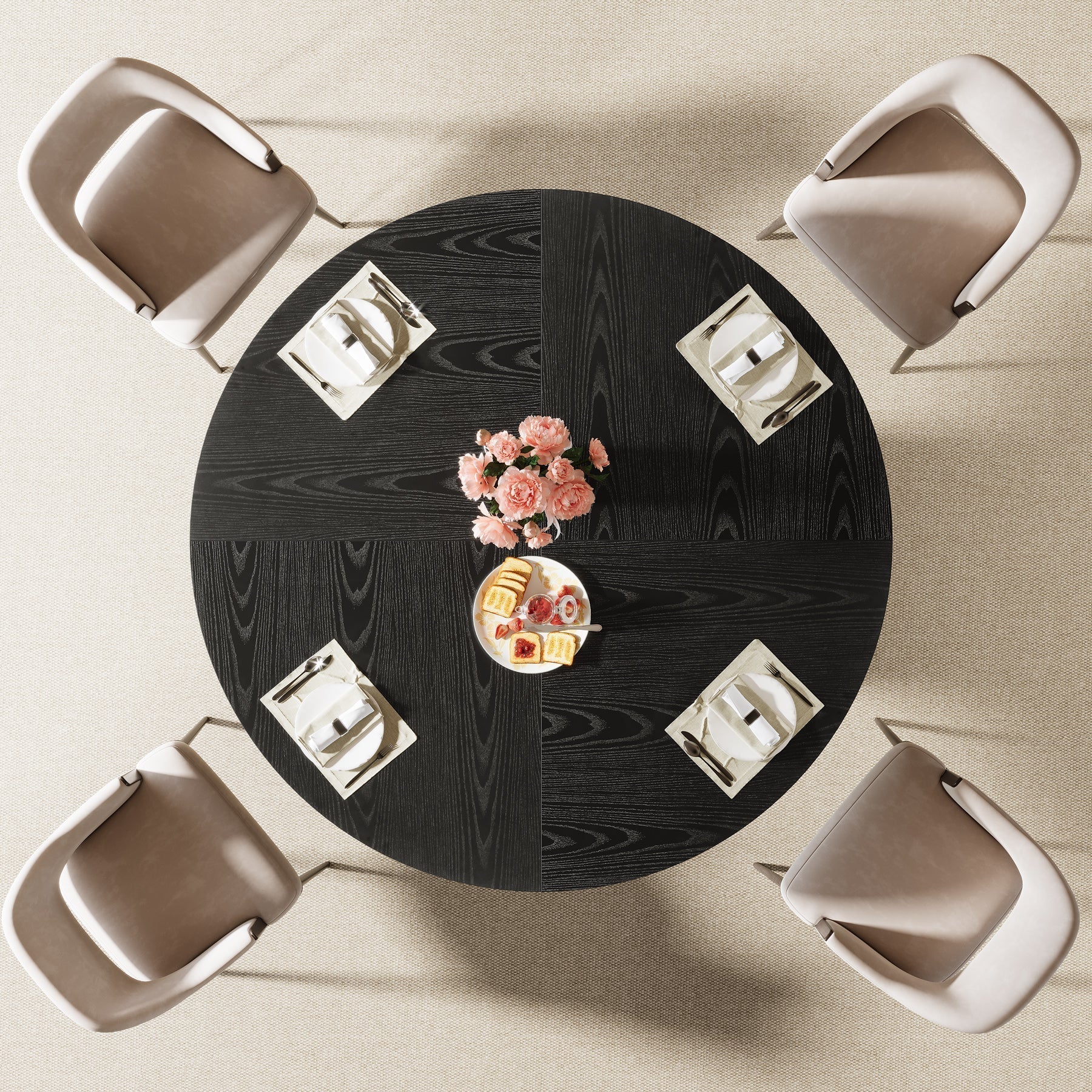 120 cm Zwarte Ronde Eettafel voor 4-6 Personen, Moderne Keukentafel met Metalen Basis