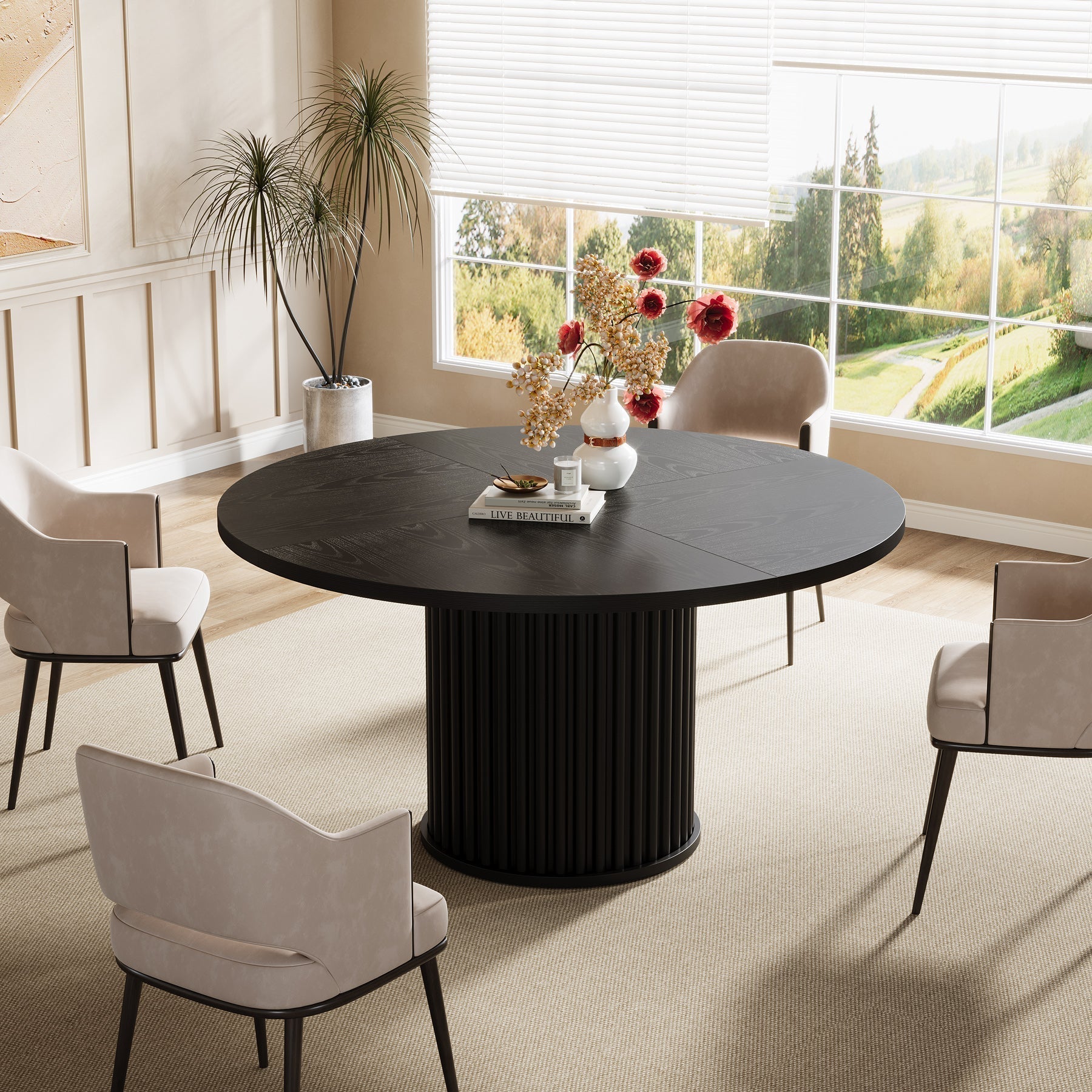 120 cm Zwarte Ronde Eettafel voor 4-6 Personen, Moderne Keukentafel met Metalen Basis