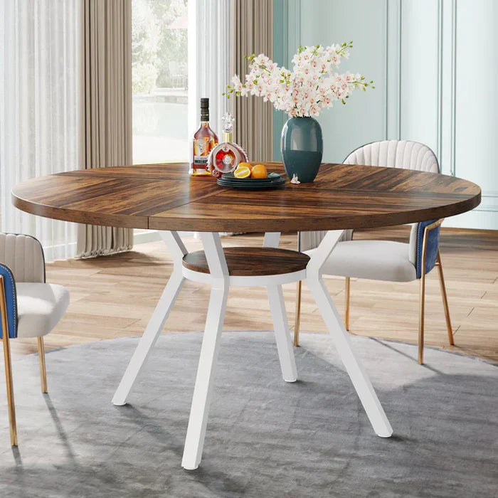 120 cm Eettafel voor 4-6 Personen, Ronde Tafel met Opbergruimte